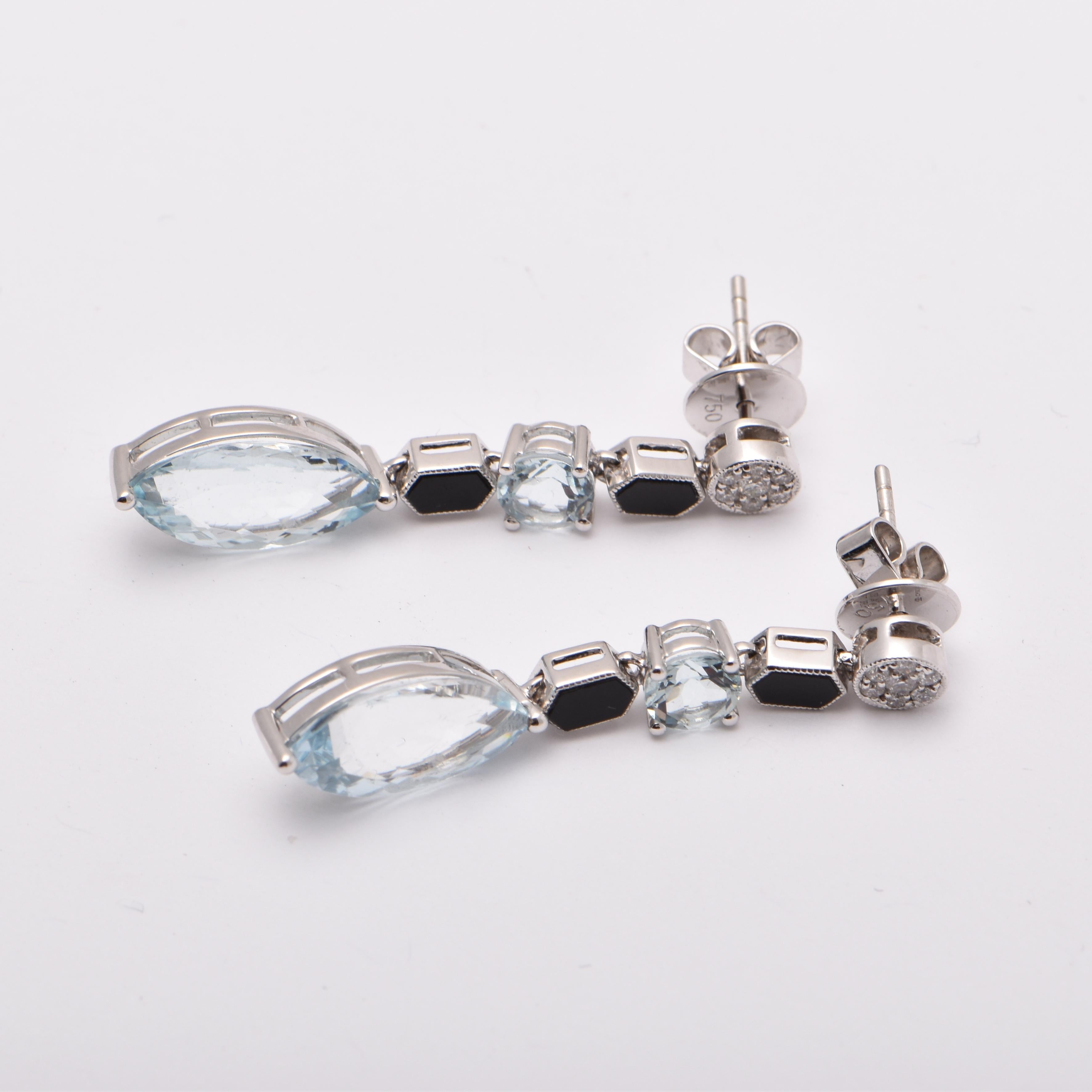 Marquise Cut Aquamarine Marquise Onyx and Diamond Drop Earrings in 18 Carat White Gold For Sale