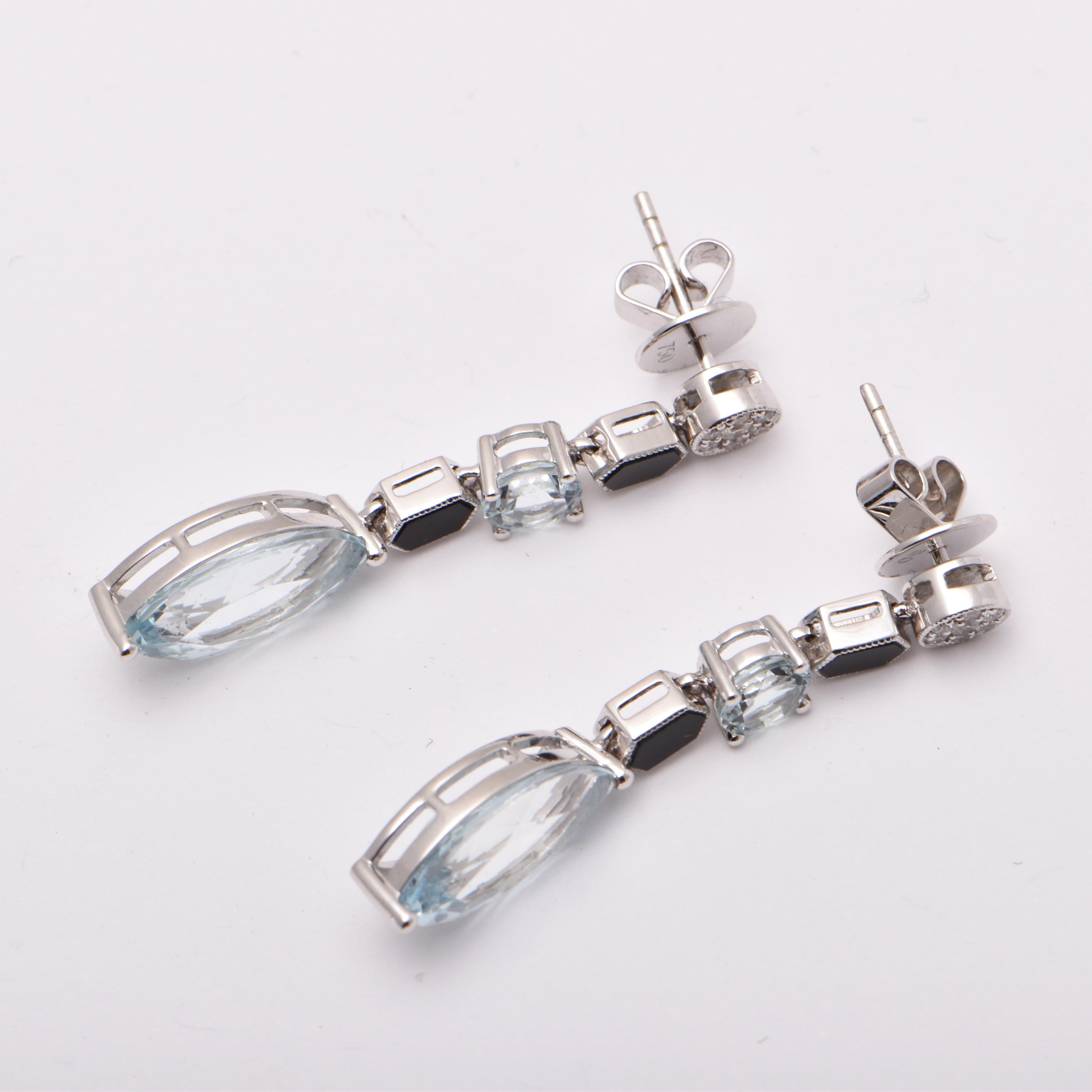 Aquamarine Marquise Onyx and Diamond Drop Earrings in 18 Carat White Gold In New Condition For Sale In Sydney, AU