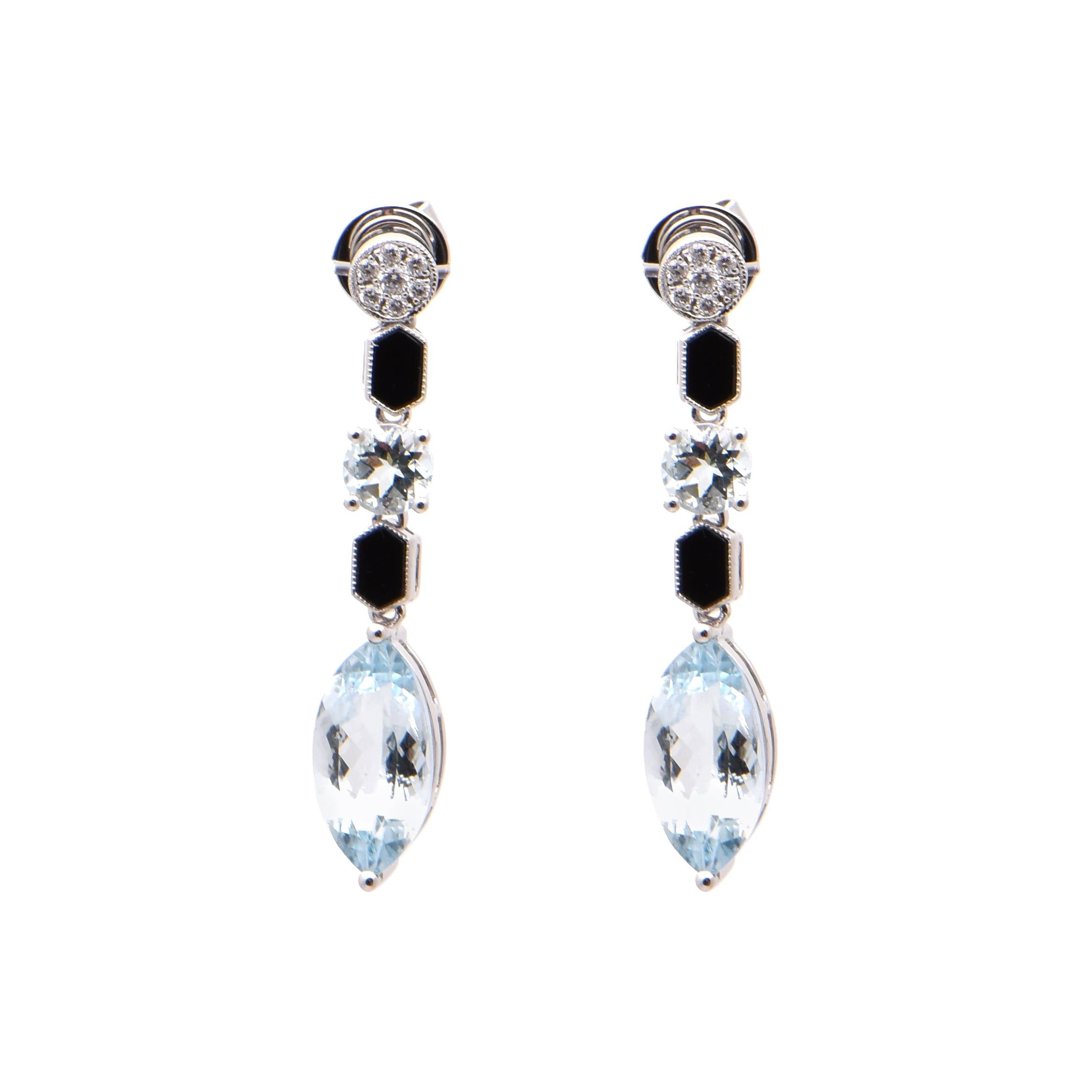 Aquamarine Marquise Onyx and Diamond Drop Earrings in 18 Carat White Gold For Sale