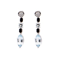 Aquamarine Marquise Onyx and Diamond Drop Earrings in 18 Carat White Gold