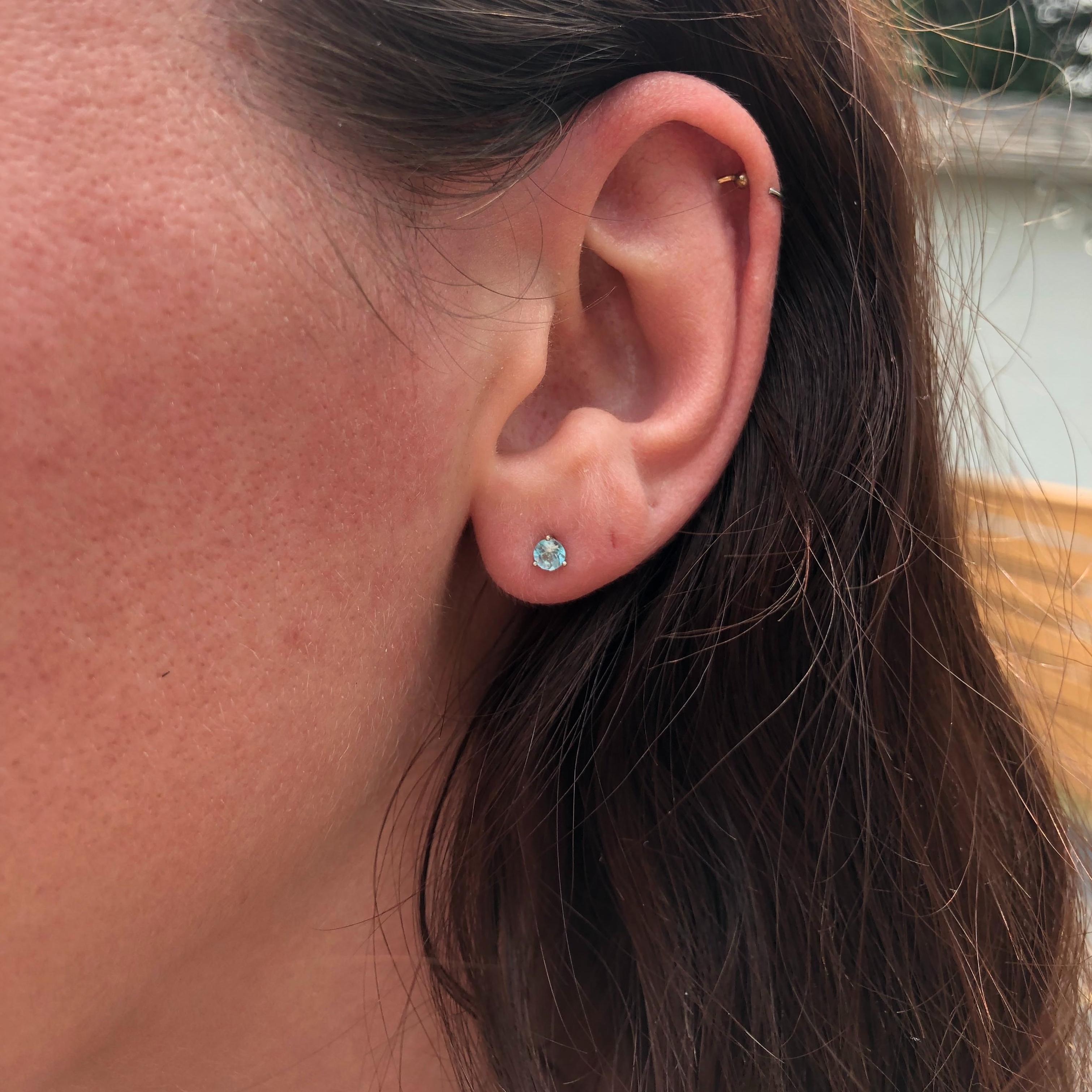 Women's Aquamarine Martini Solitaire Stud Earrings in Solid 14K Gold Round 3mm For Sale
