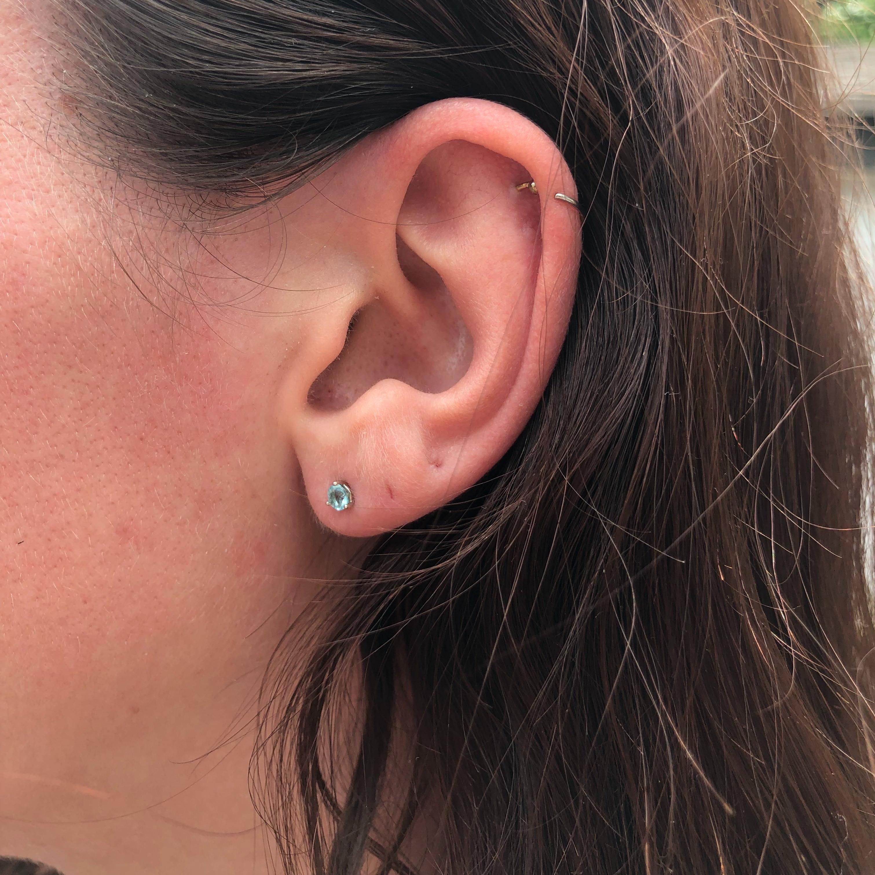 Aquamarine Martini Solitaire Stud Earrings in Solid 14K Gold Round 3mm For Sale 1