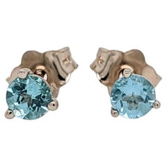 Aquamarine Martini Solitaire Stud Earrings in Solid 14K Gold Round 3mm