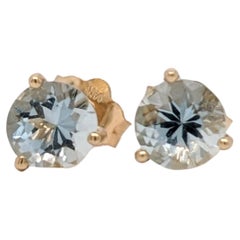Aquamarine Martini Solitaire Stud Earrings in Solid 14K Gold Round 5mm