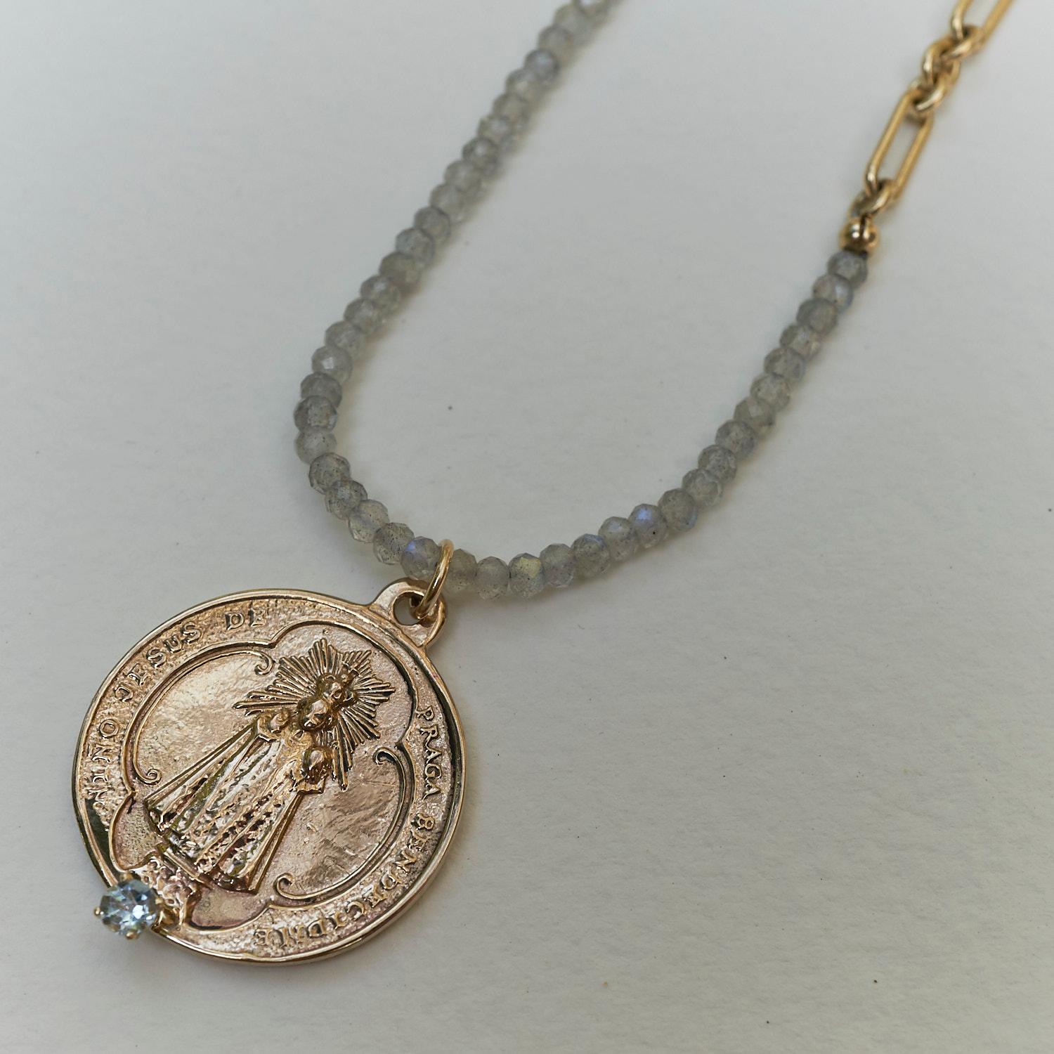 Brilliant Cut Aquamarine Medal Chain Bead Necklace Virgin Mary Labradorite J Dauphin For Sale