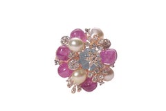 Aquamarine Melons, Keshi Pearls and Pink Burma Tourmaline Diamond Ring