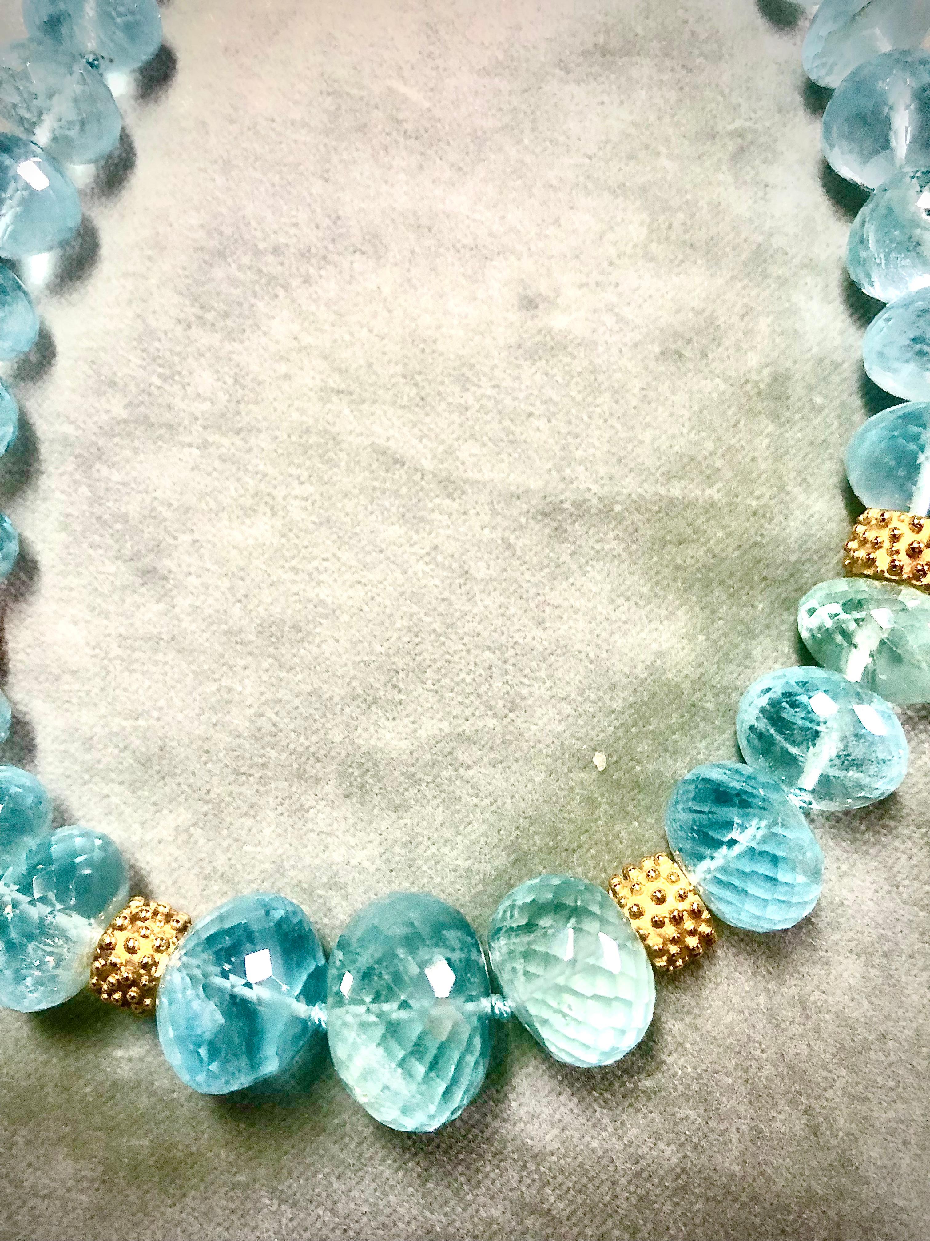 Bead Aquamarine micro faceted large rondelles and 14kt gold necklace For Sale
