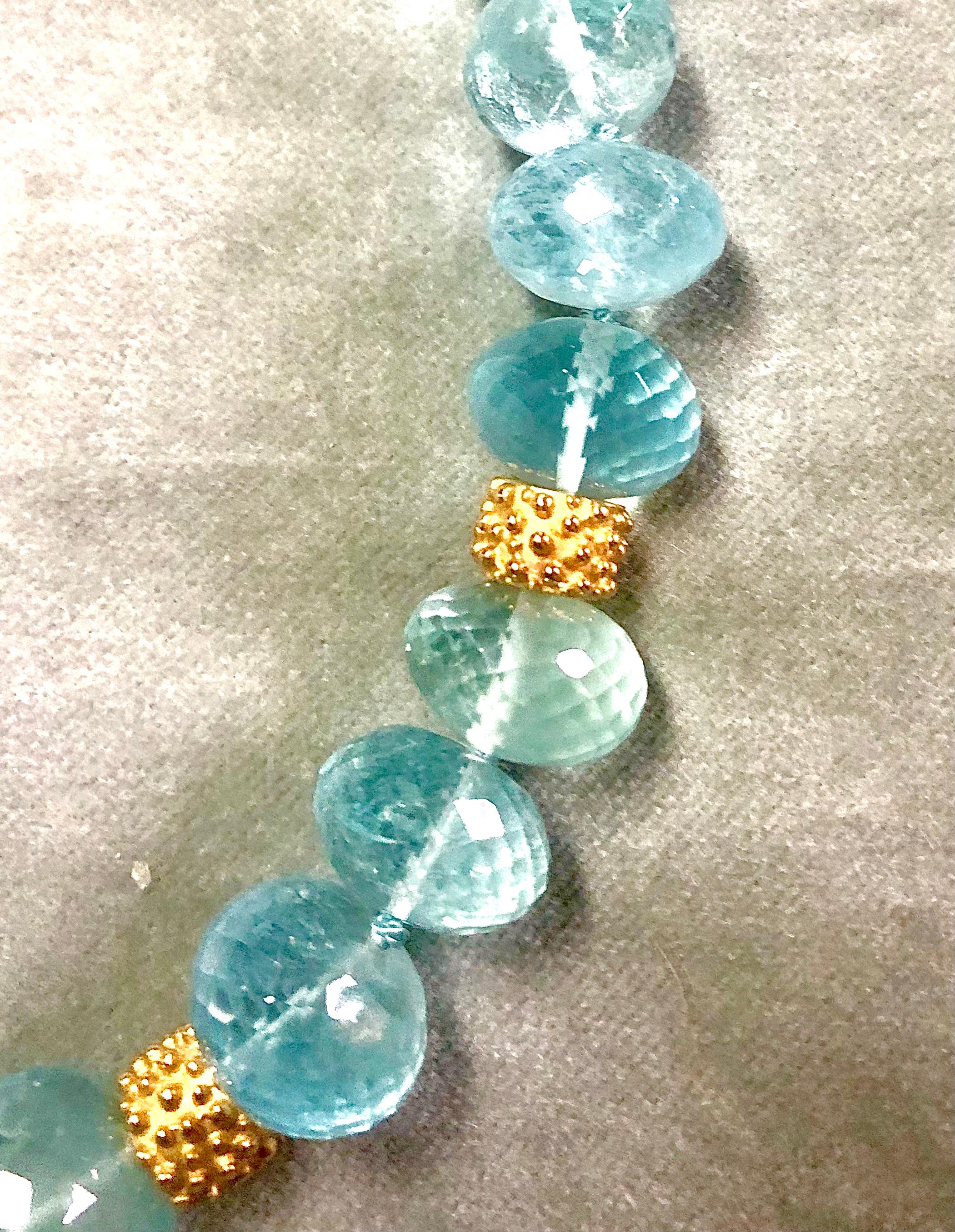 Aquamarine micro faceted large rondelles and 14kt gold necklace For Sale 1