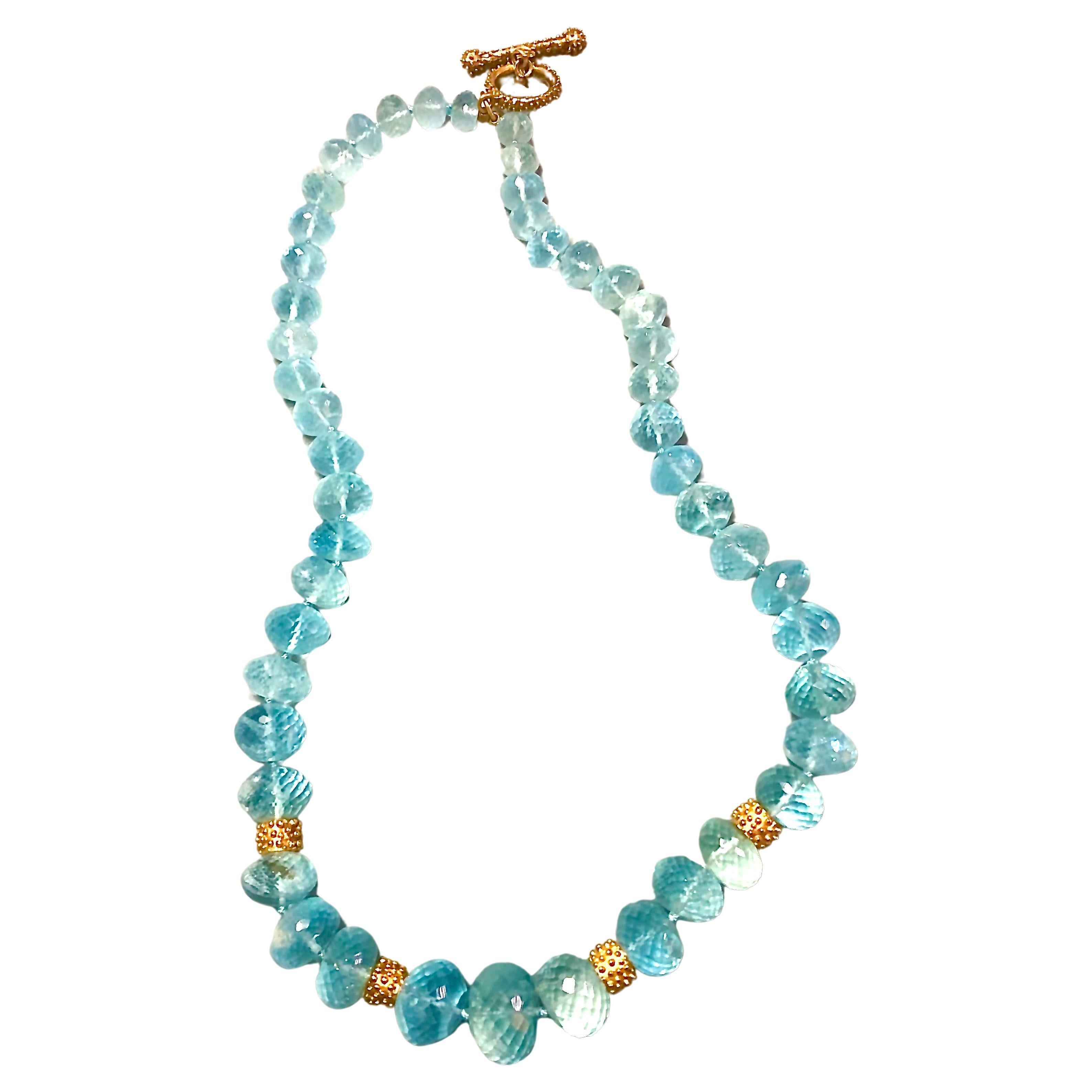Contemporary Aquamarine micro faceted large rondelles and 14kt gold necklace For Sale