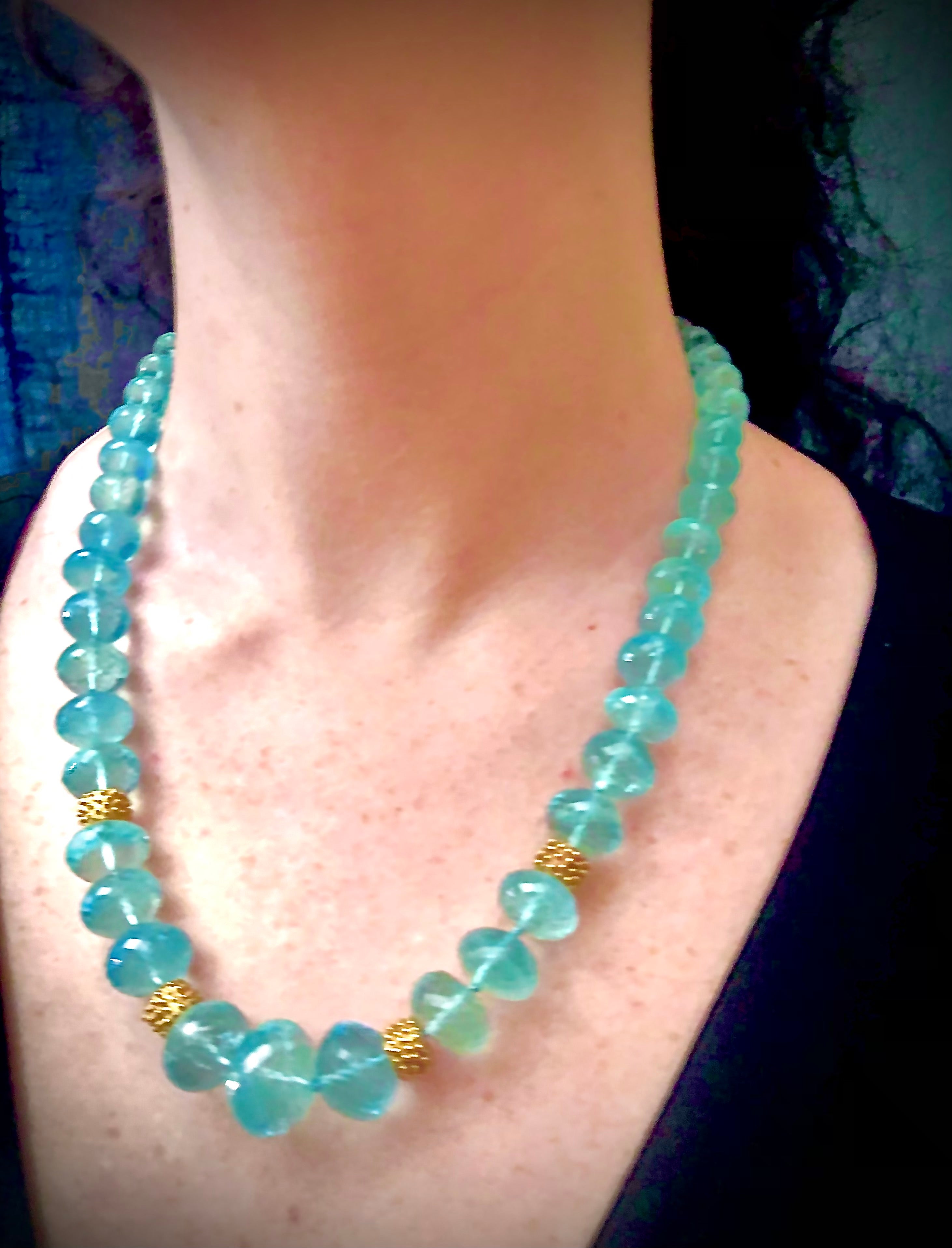 Aquamarine micro faceted large rondelles and 14kt gold necklace For Sale