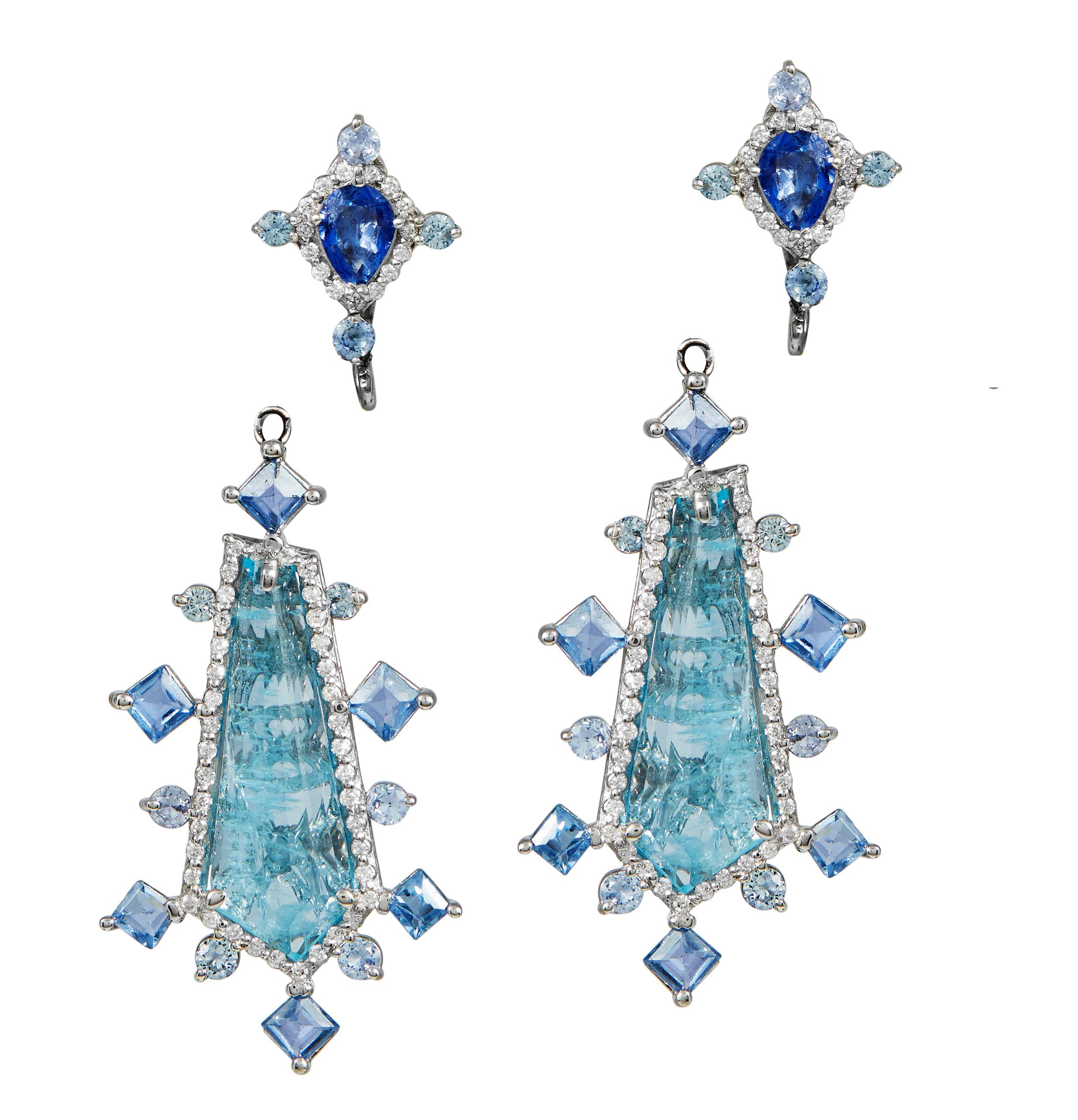 Contemporary Aquamarine, Montana Sapphire, Diamond Custom Adjustable Earrings in 18k Gold  For Sale
