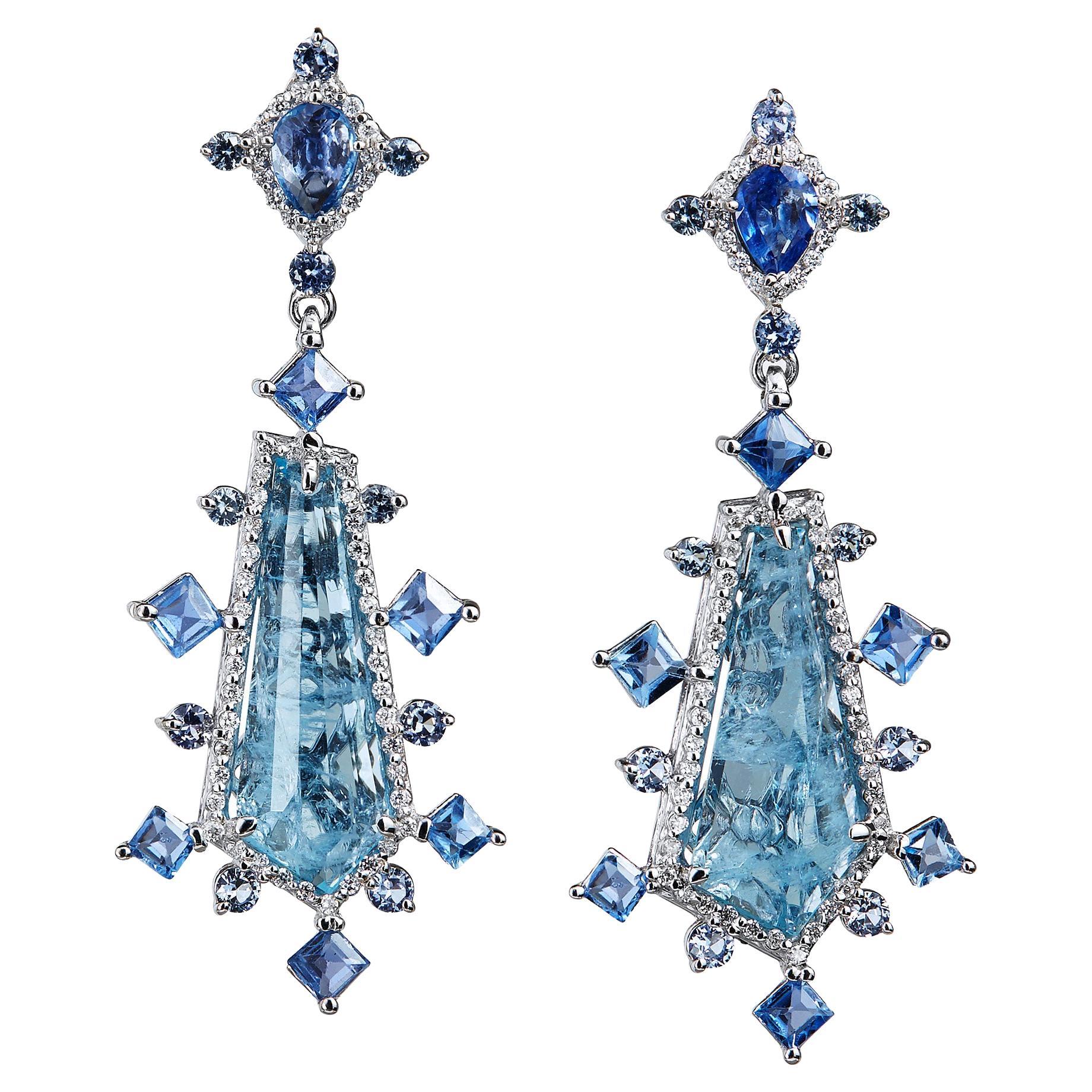 Aquamarine, Montana Sapphire, Diamond Custom Adjustable Earrings in 18k ...