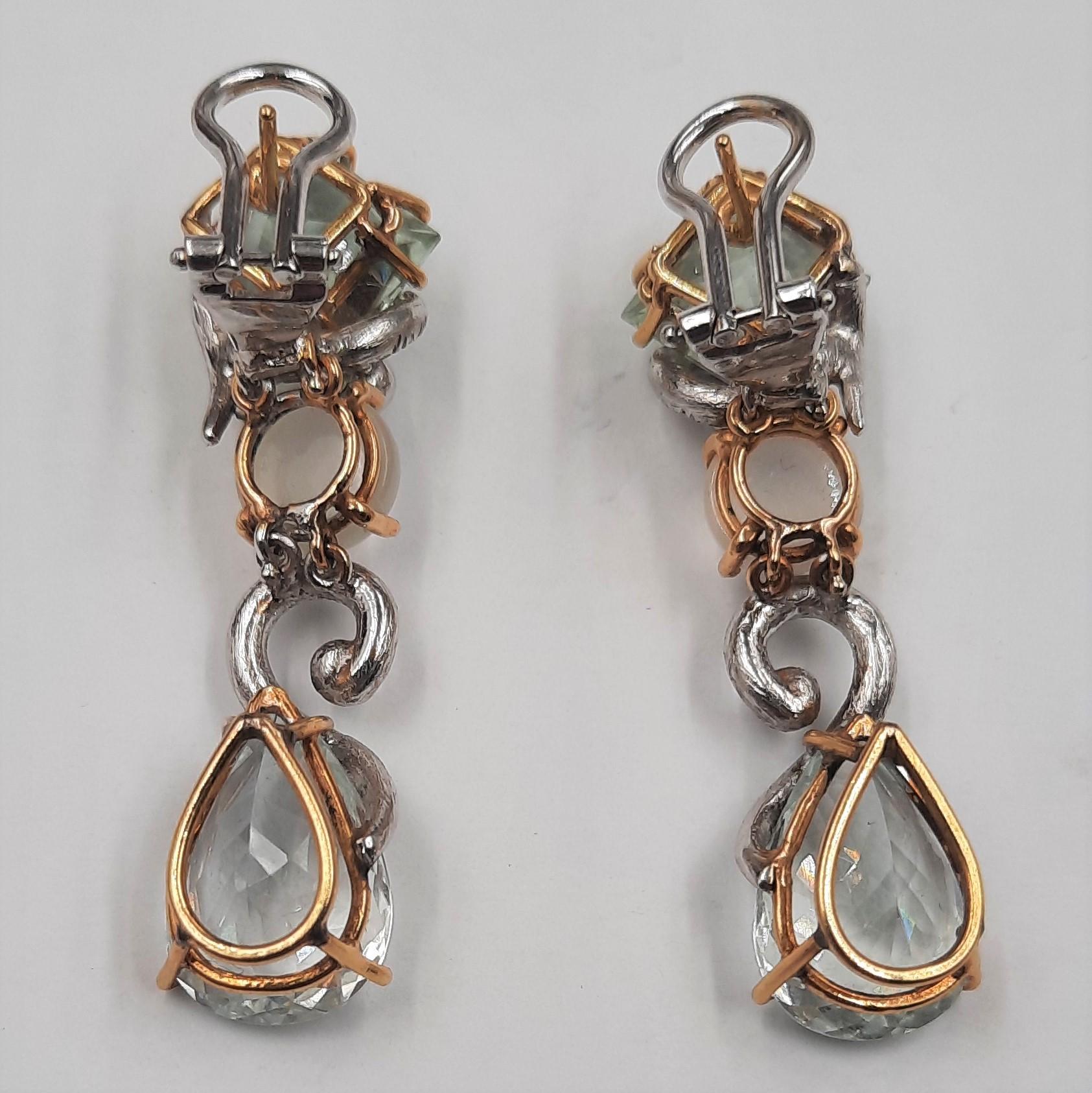 Contemporary Aquamarine Moonstone Brilliant Cut Diamond 18 Carats Yellow White Gold Earrings For Sale
