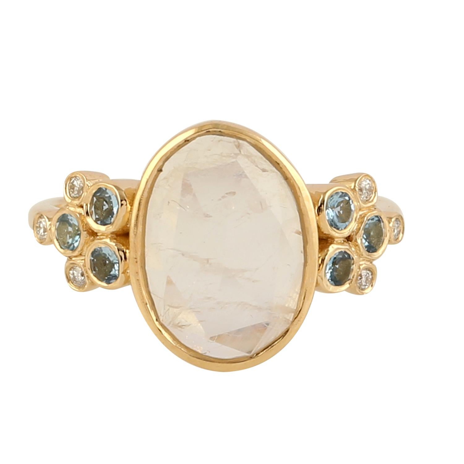Taille rose Aigue-marine, pierre de lune, diamant, bague en or 14 carats en vente