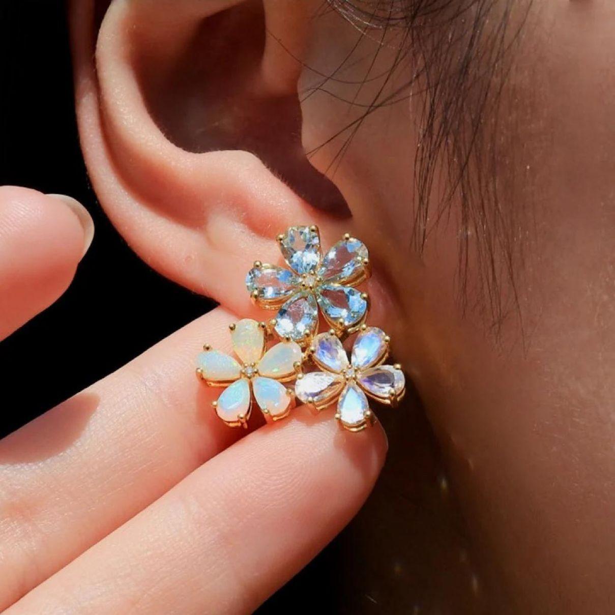 Nina Zhou Aquamarine Moonstone Opal and Diamond Blossom Earrings In New Condition For Sale In Rowland Heights, CA