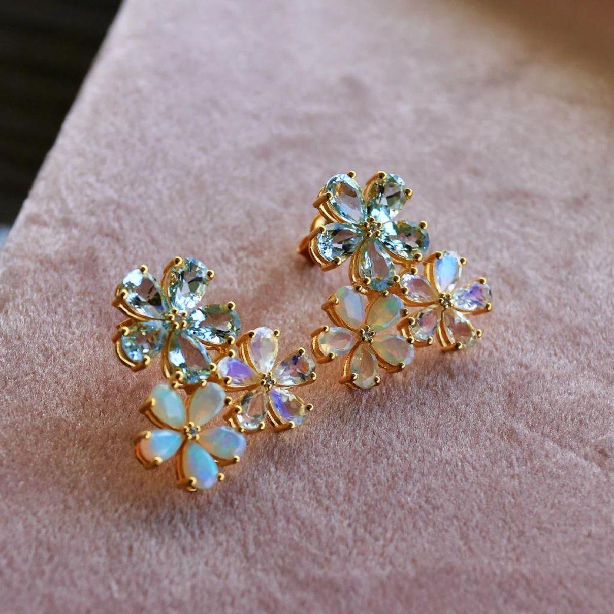 Nina Zhou Aquamarine Moonstone Opal and Diamond Blossom Earrings For Sale 3