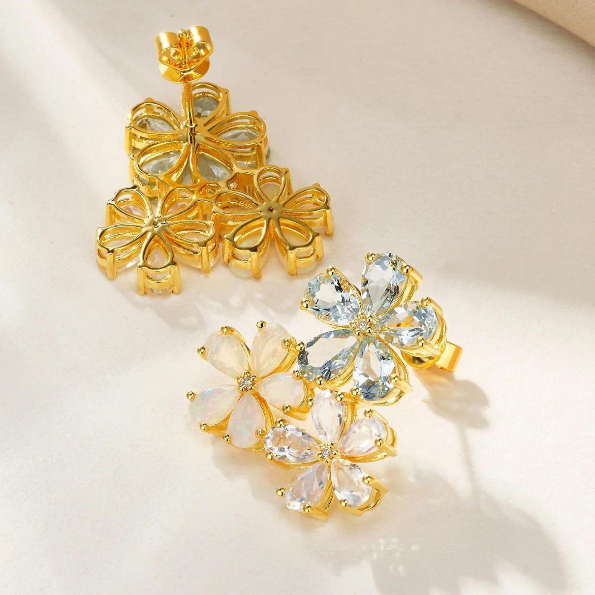Nina Zhou Aquamarine Moonstone Opal and Diamond Blossom Earrings For Sale 2