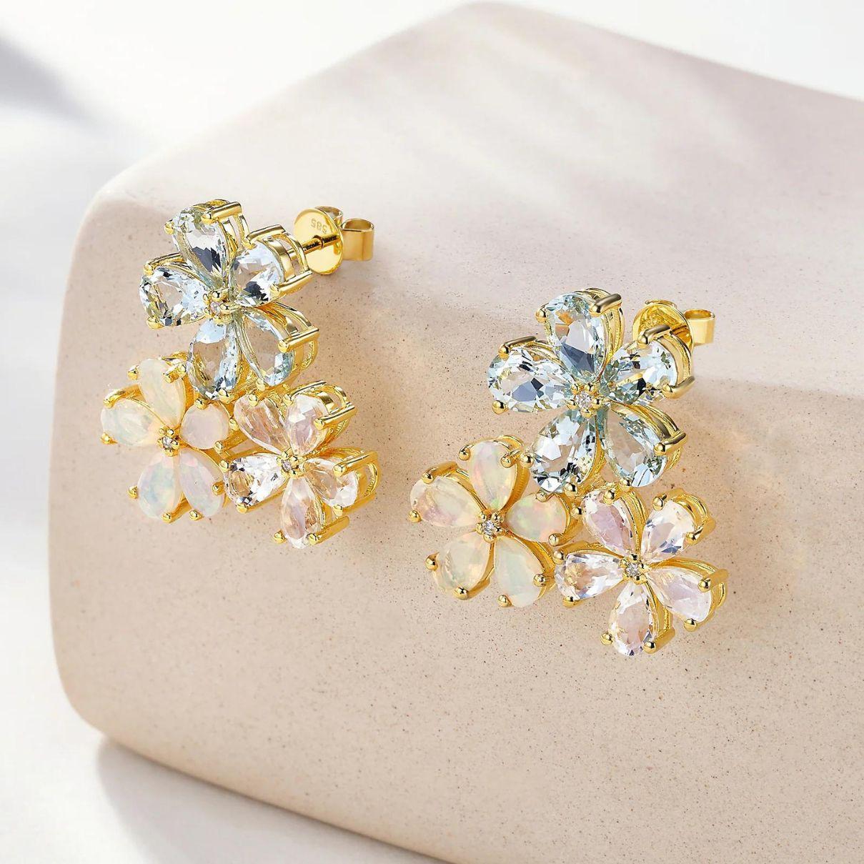 Women's Nina Zhou Aquamarine Moonstone Opal and Diamond Blossom Earrings For Sale