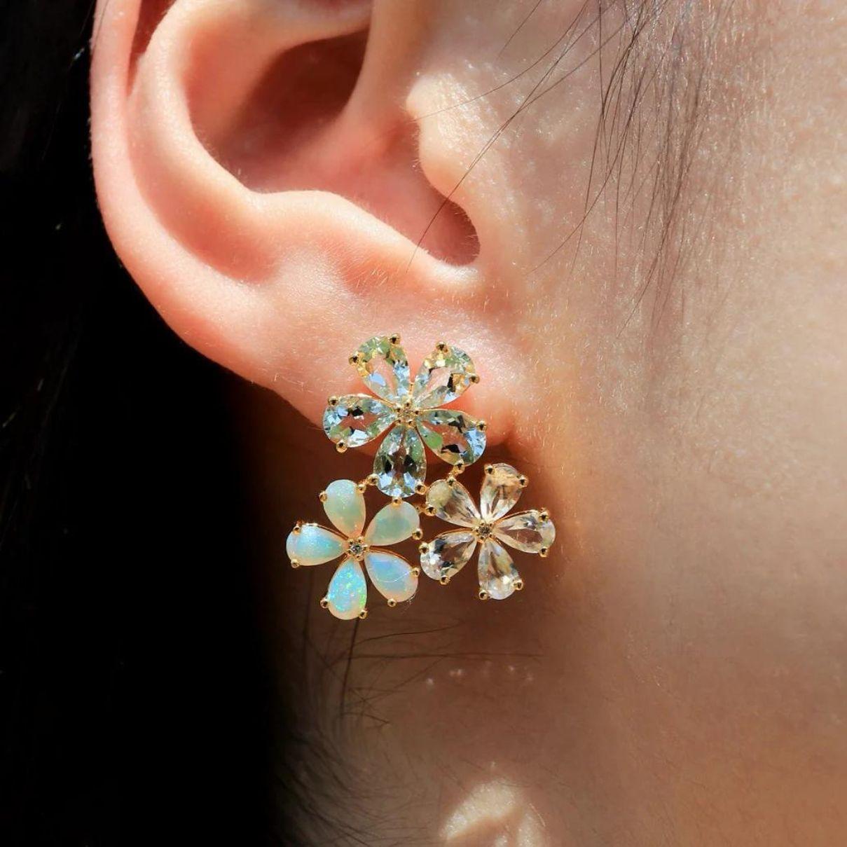 Nina Zhou Aquamarine Moonstone Opal and Diamond Blossom Earrings For Sale 4
