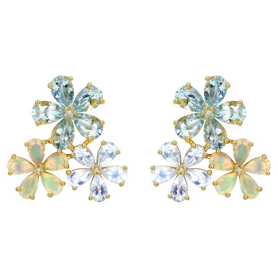 Nina Zhou Aquamarine Moonstone Opal and Diamond Blossom Earrings