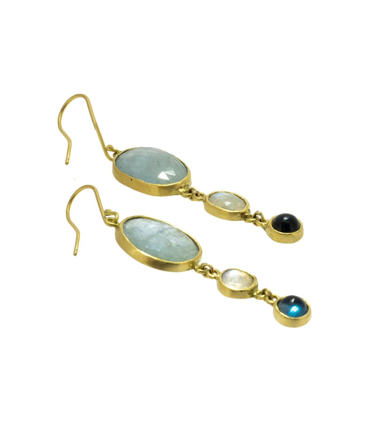 Oval Cut Aquamarine, Moonstone & Topaz Tiered Gold Earrings For Sale