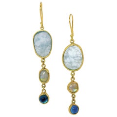 Aquamarine, Moonstone 
Topaz Tiered Gold Earrings
