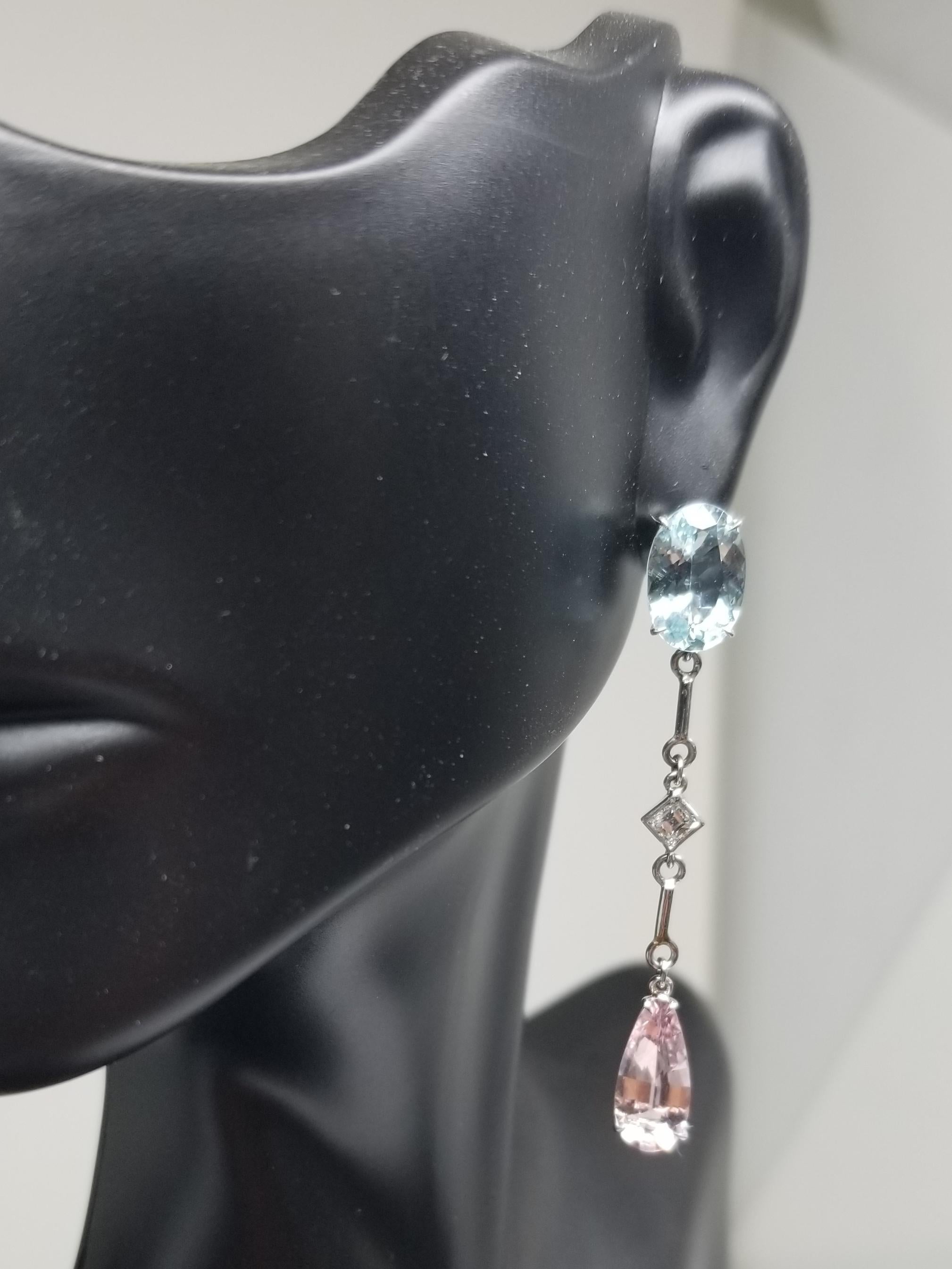 14k white gold Aquamarine, Morganite and Diamond Dangle Earrings In New Condition In Los Angeles, CA