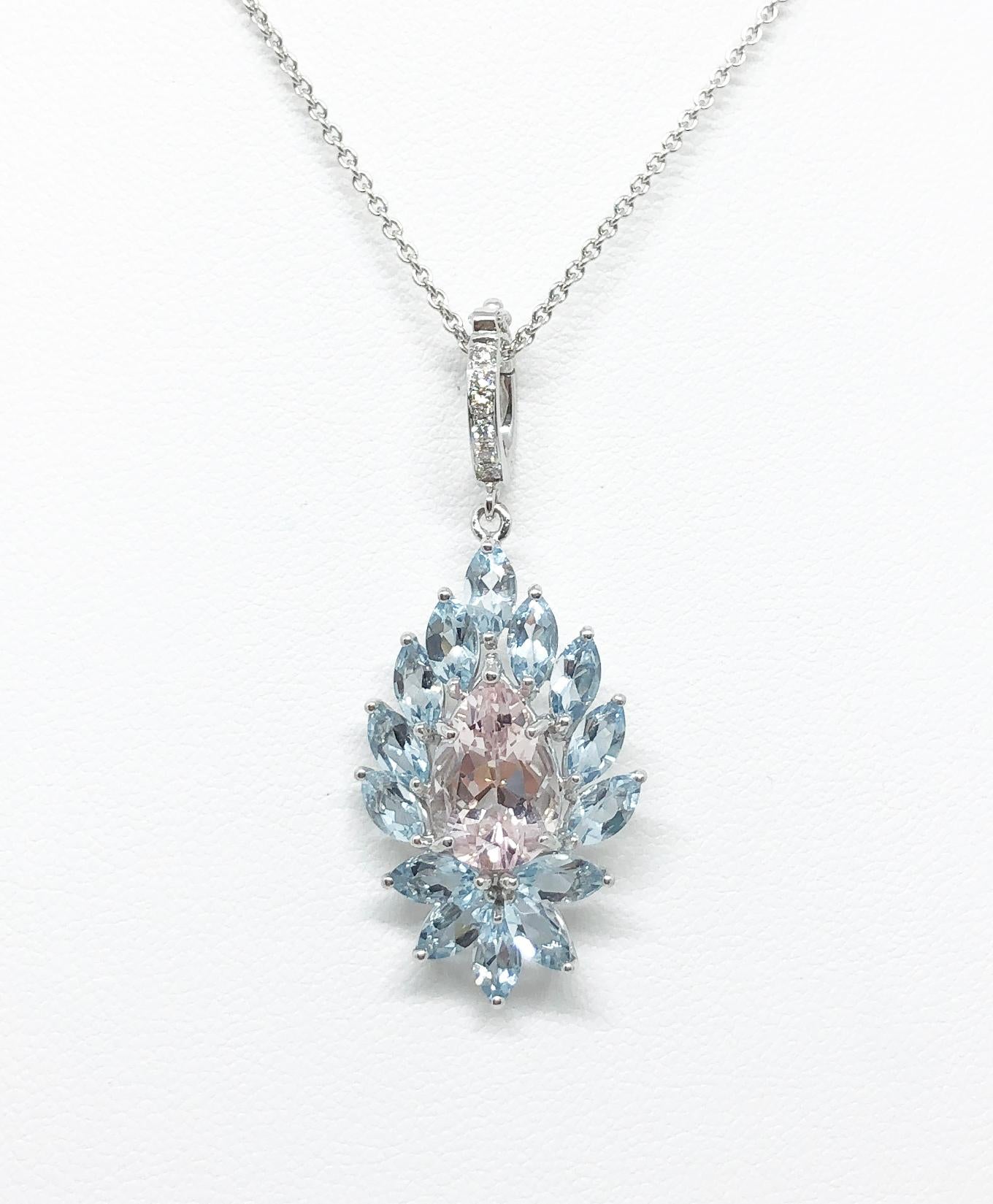 Aquamarine 2.98 carats, Morganite 2.66 carats and Diamond 0.06 carat Pendant set in 18 Karat White Gold Settings
(chain not included)

Width: 1.8 cm 
Length: 4.0cm
Total Weight: 4.94 grams

