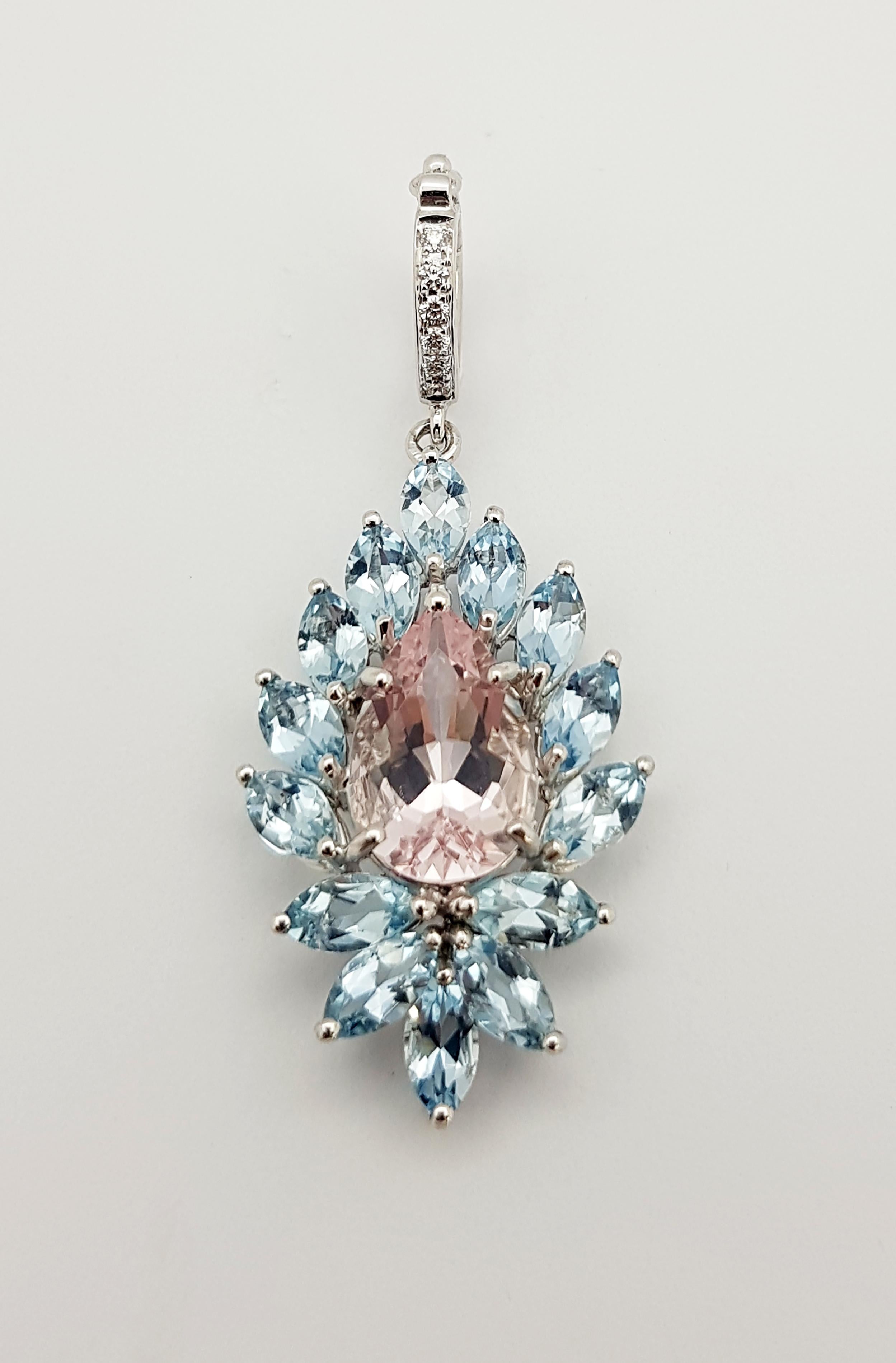 Mixed Cut Aquamarine, Morganite and Diamond Pendant Set in 18 Karat White Gold Settings For Sale