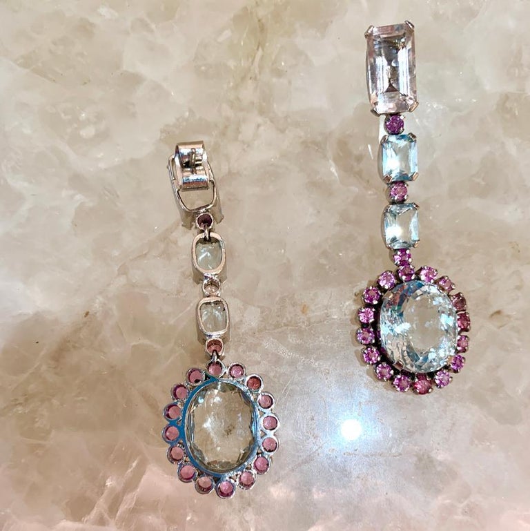 Women's or Men's Aquamarine Morganite and Pink Sapphire Earrings For Sale