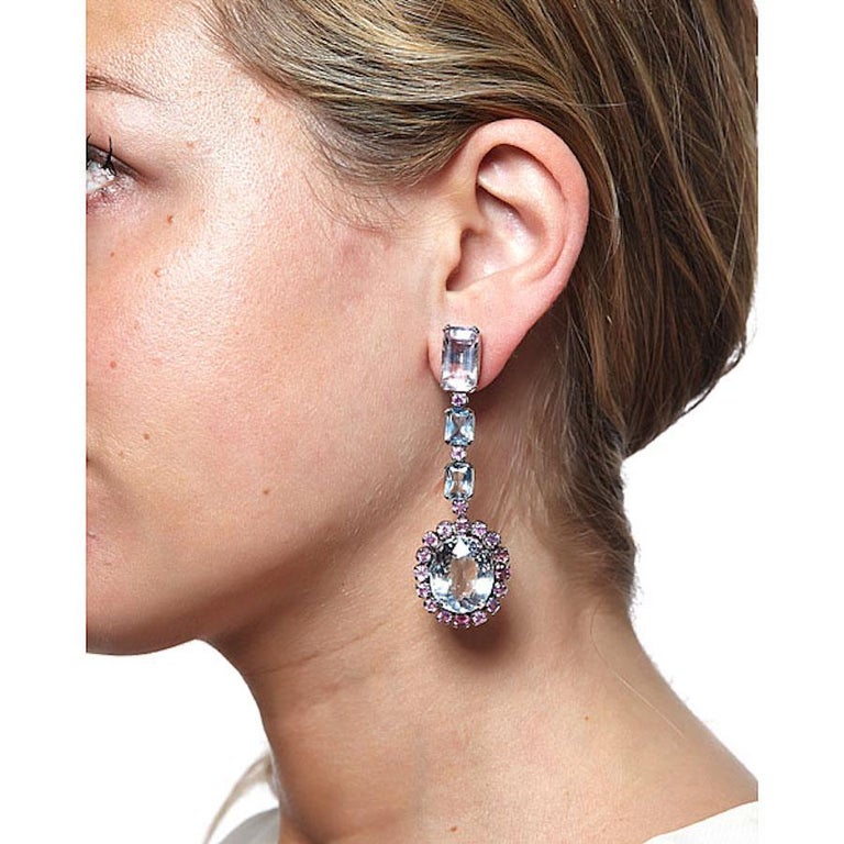 Artisan Aquamarine Morganite and Pink Sapphire Earrings For Sale