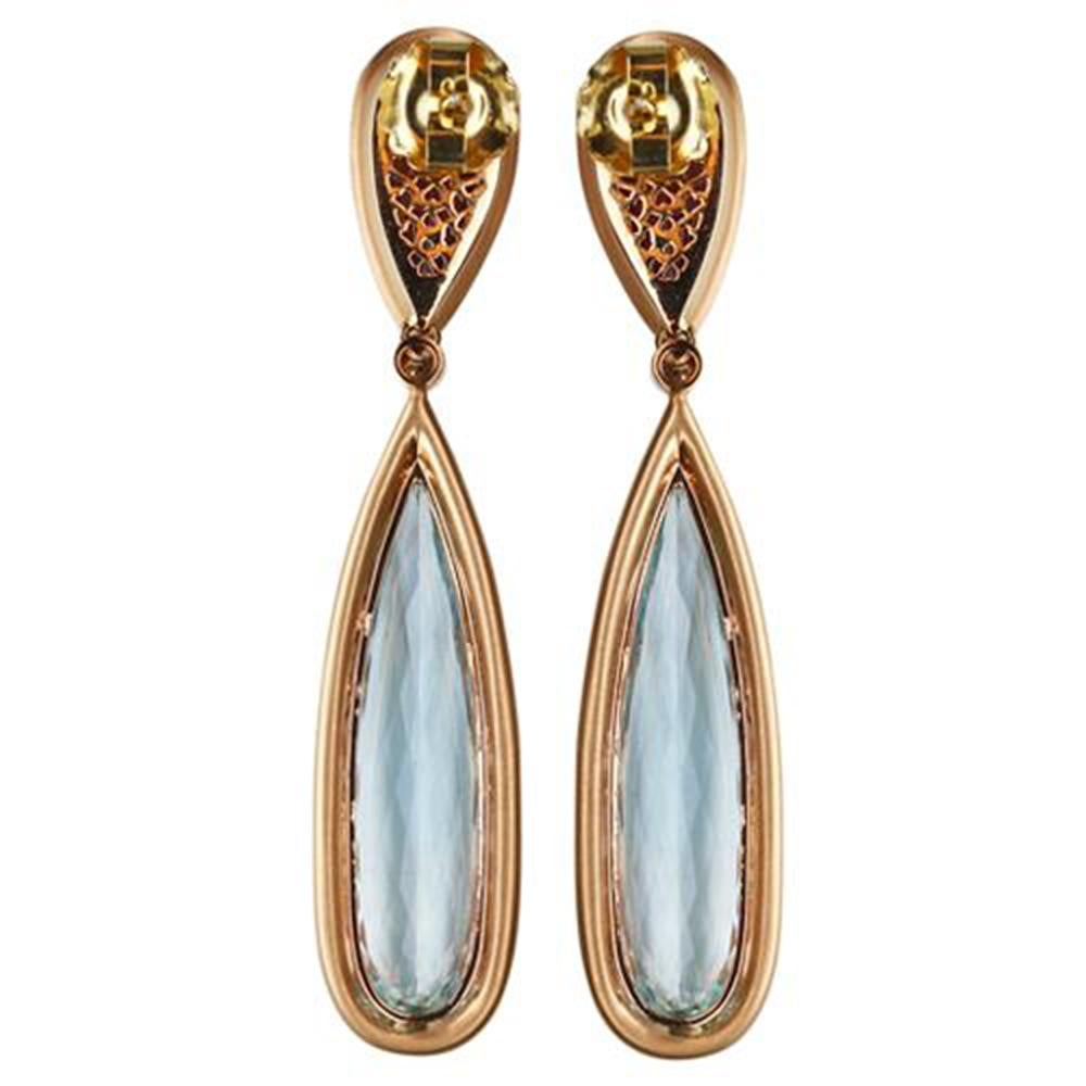 Beautiful, Elegant & finely detailed Dangle Earrings, set with Pear shaped Deep Intense Blue Aquamarine gemstone, clarity: I/F; approx. total weight of the 2 Aquamarine 33.20 Carats and 2 Morganite gemstones, weighing approx. 9.85 Carats; clarity: