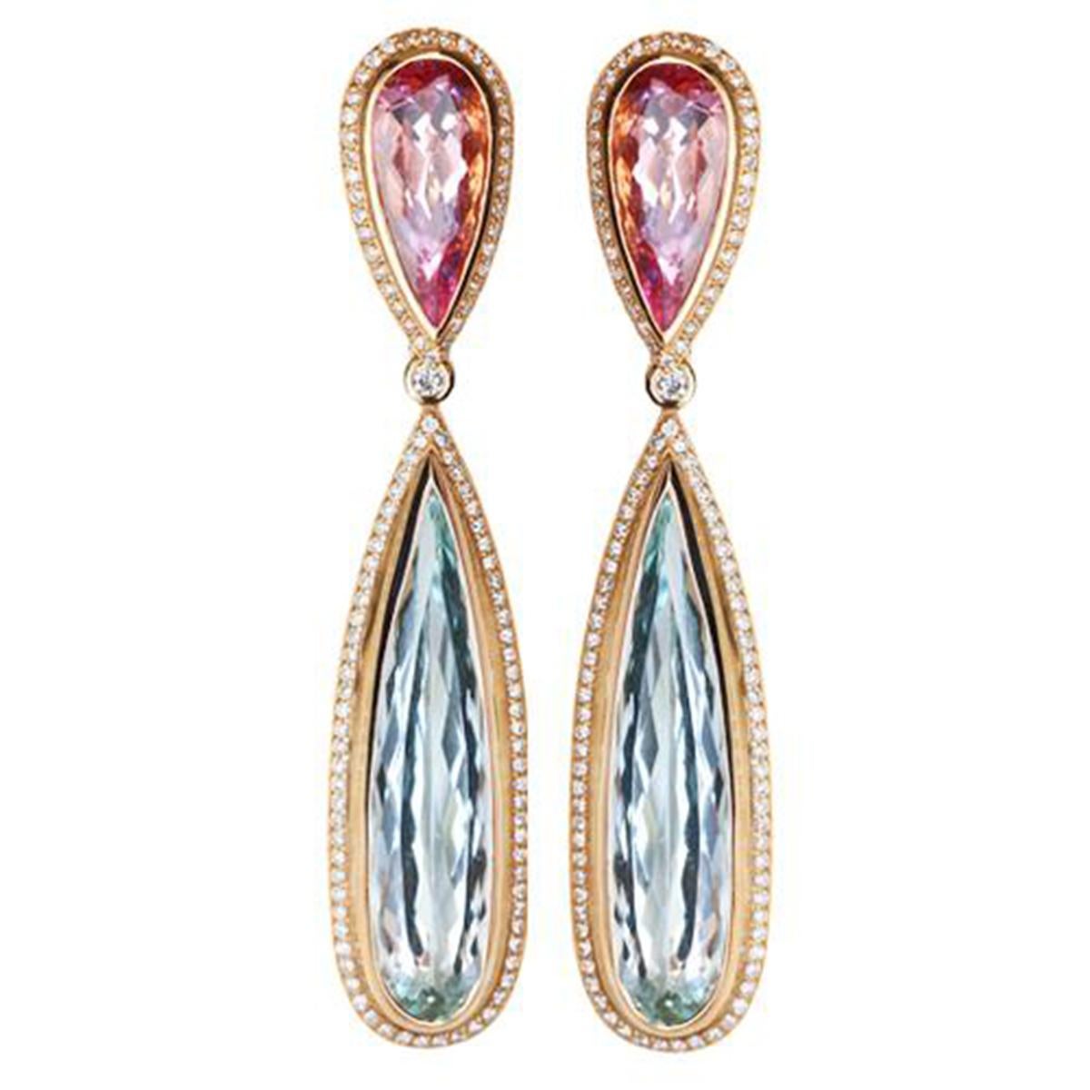 Aquamarine Morganite  Diamond Drop Gold Statement Earrings Estate Fine Jewelry In Excellent Condition In Montreal, QC