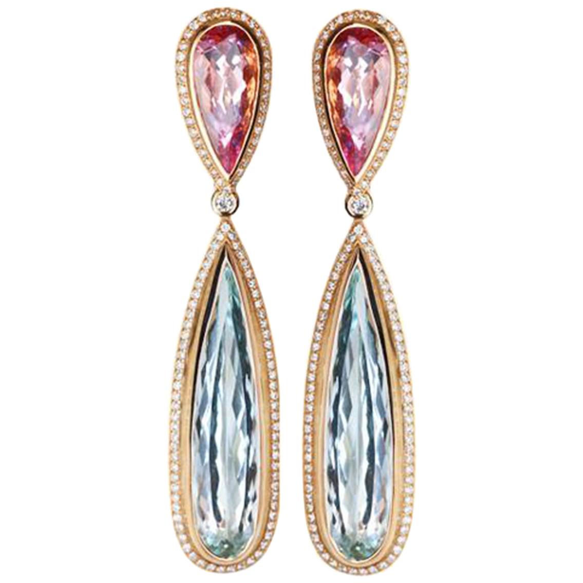 Aquamarine Morganite  Diamond Drop Gold Statement Earrings Estate Fine Jewelry