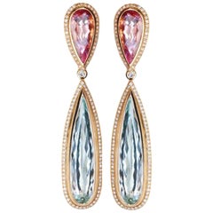 Aquamarine Morganite  Diamond Drop Gold Statement Earrings Estate Fine Jewelry