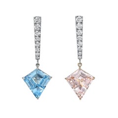 6.88 Carat Kite Aquamarine Morganite Diamond Platinum 18K Rose Gold Earrings