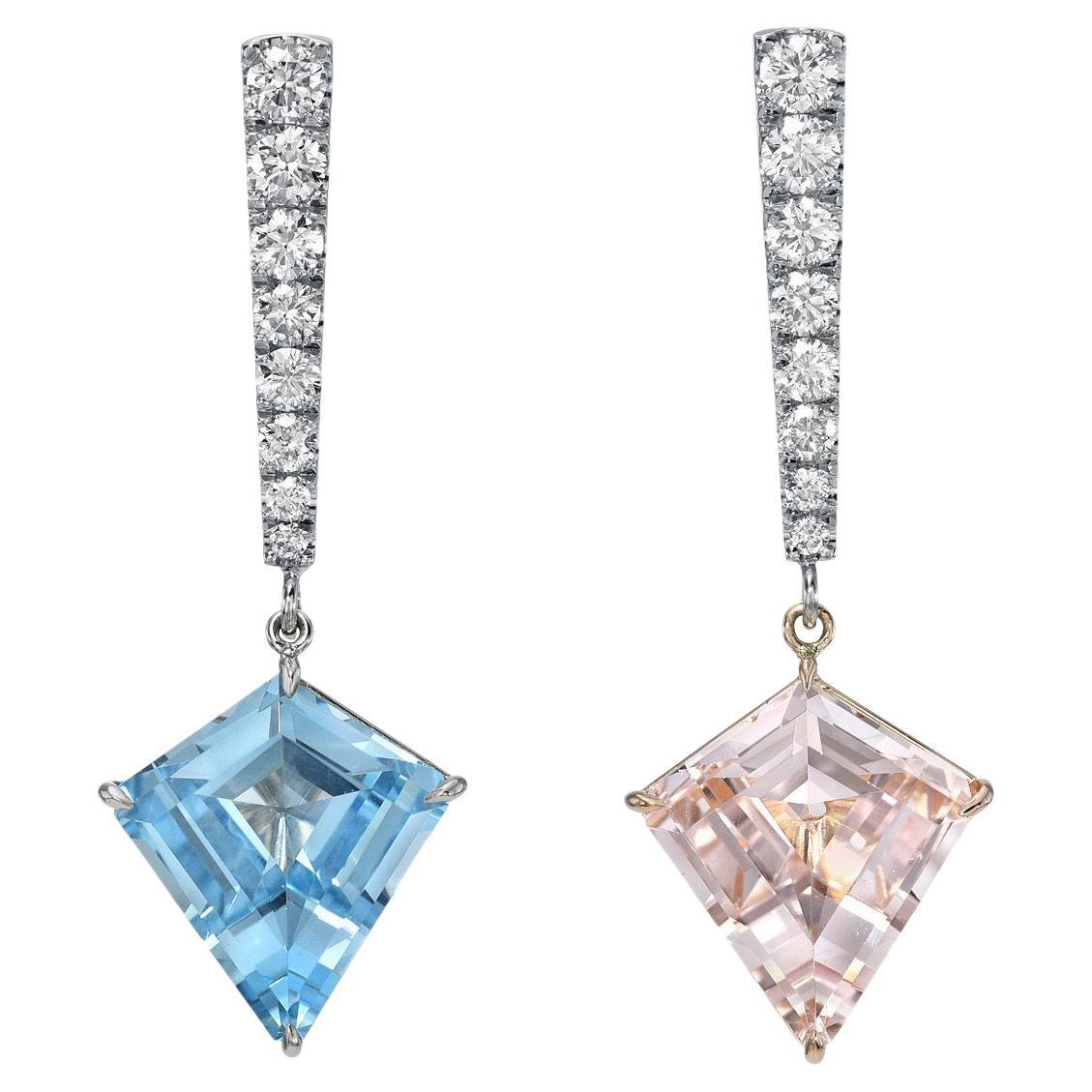 Aquamarine Morganite Earrings 6.88 Carat Kite Shapes