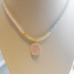 Aquamarine Morganite Natural Gemstone Beaded Necklace 16 inches with Pendant