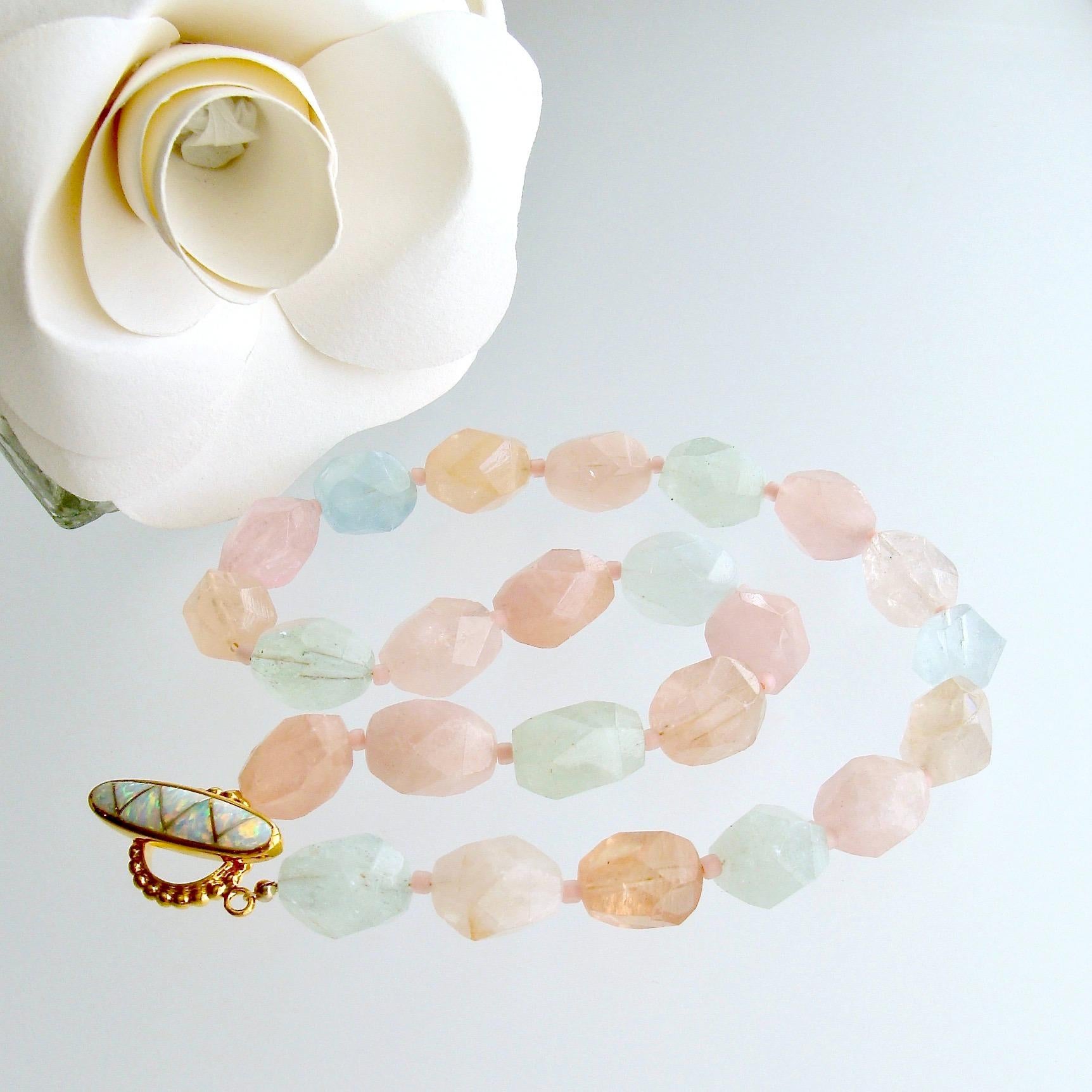 Artisan Aquamarine Morganite Nugget Choker Necklace Opal Inlay Toggle, Candie Necklace
