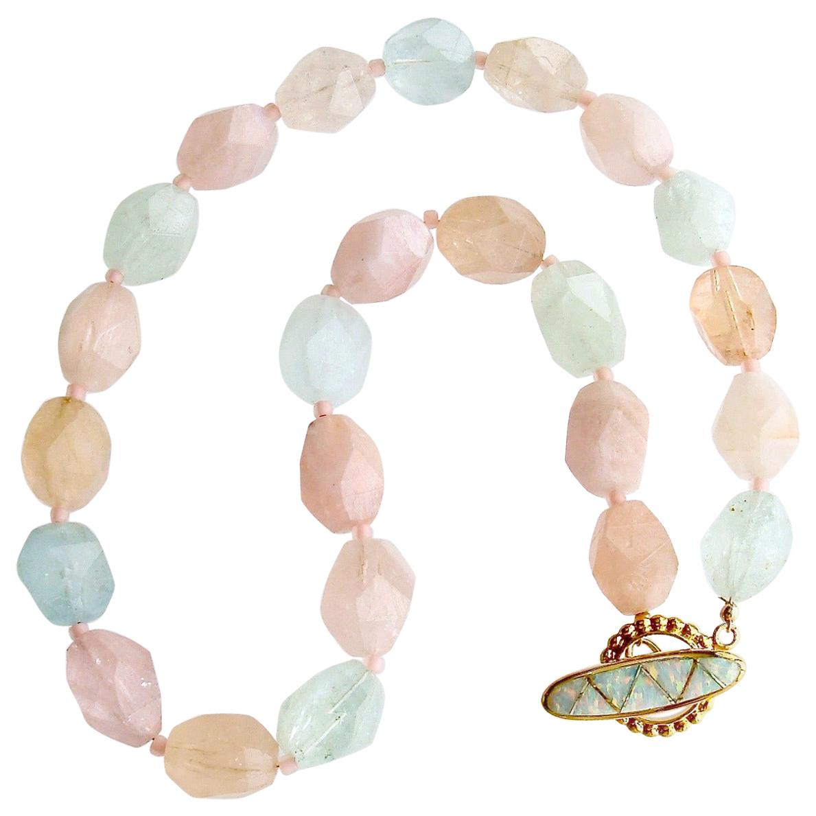 Aquamarine Morganite Nugget Choker Necklace Opal Inlay Toggle, Candie Necklace