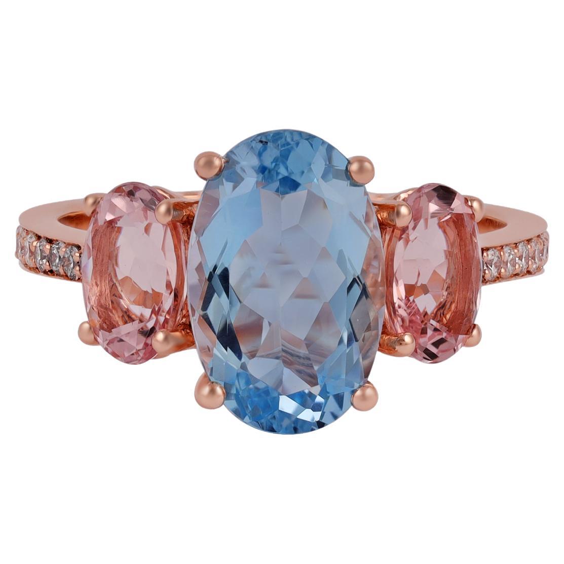 Bague trois pierres aigue-marine, morganite et diamant en or rose 18k