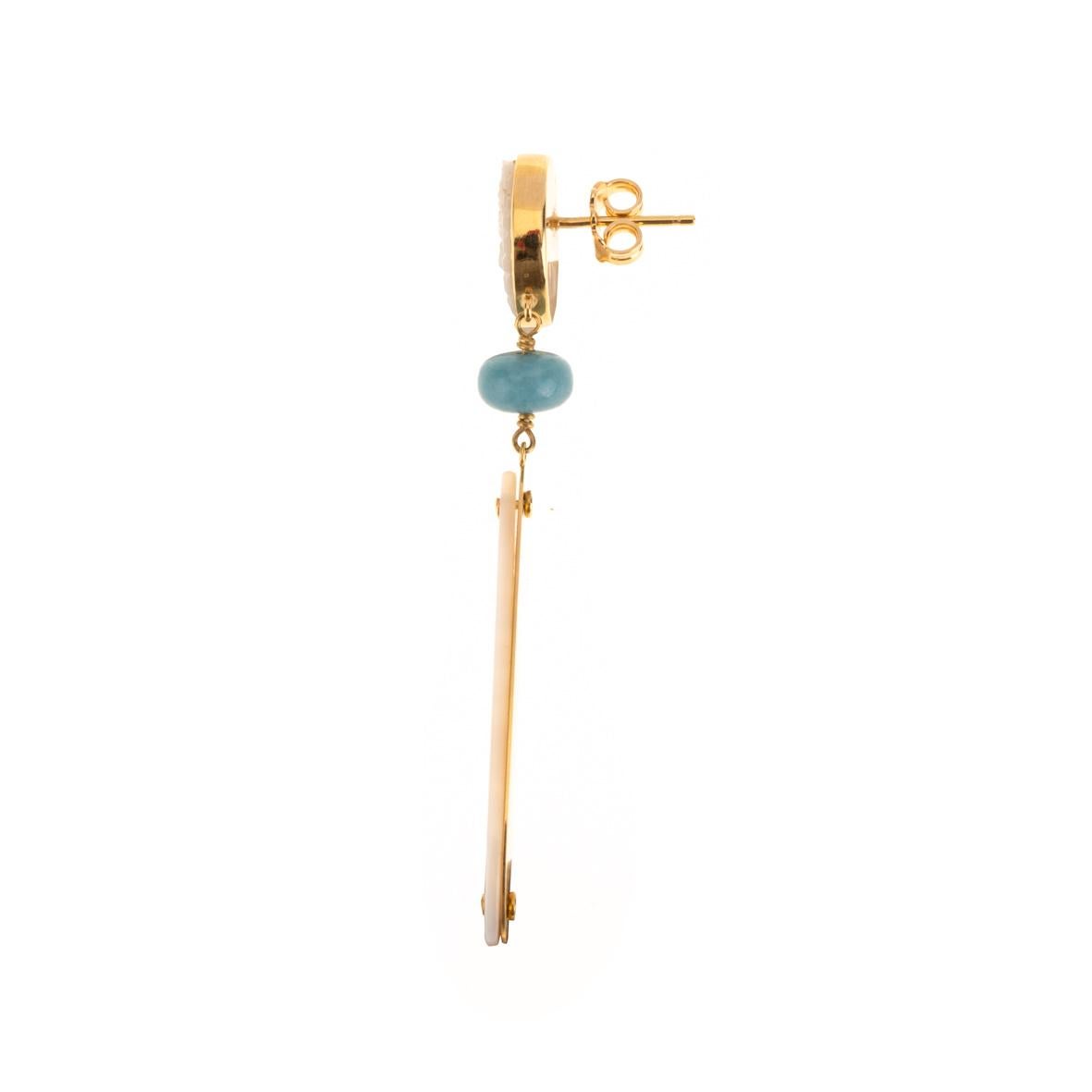 Artisan Aquamarine Mother of Pearl 18 Karat Gold Earrings For Sale