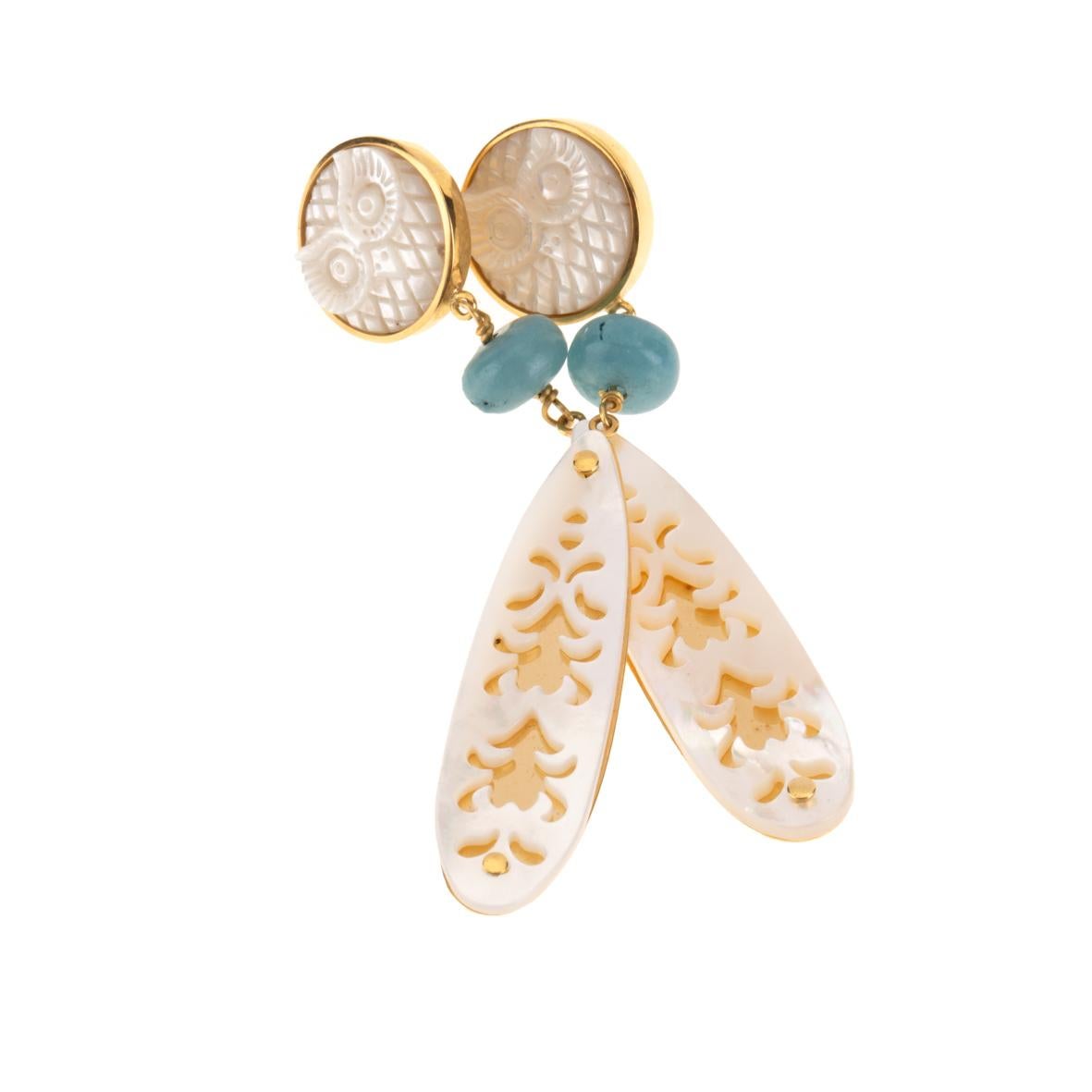 Old Mine Cut Aquamarine Mother of Pearl 18 Karat Gold Earrings For Sale
