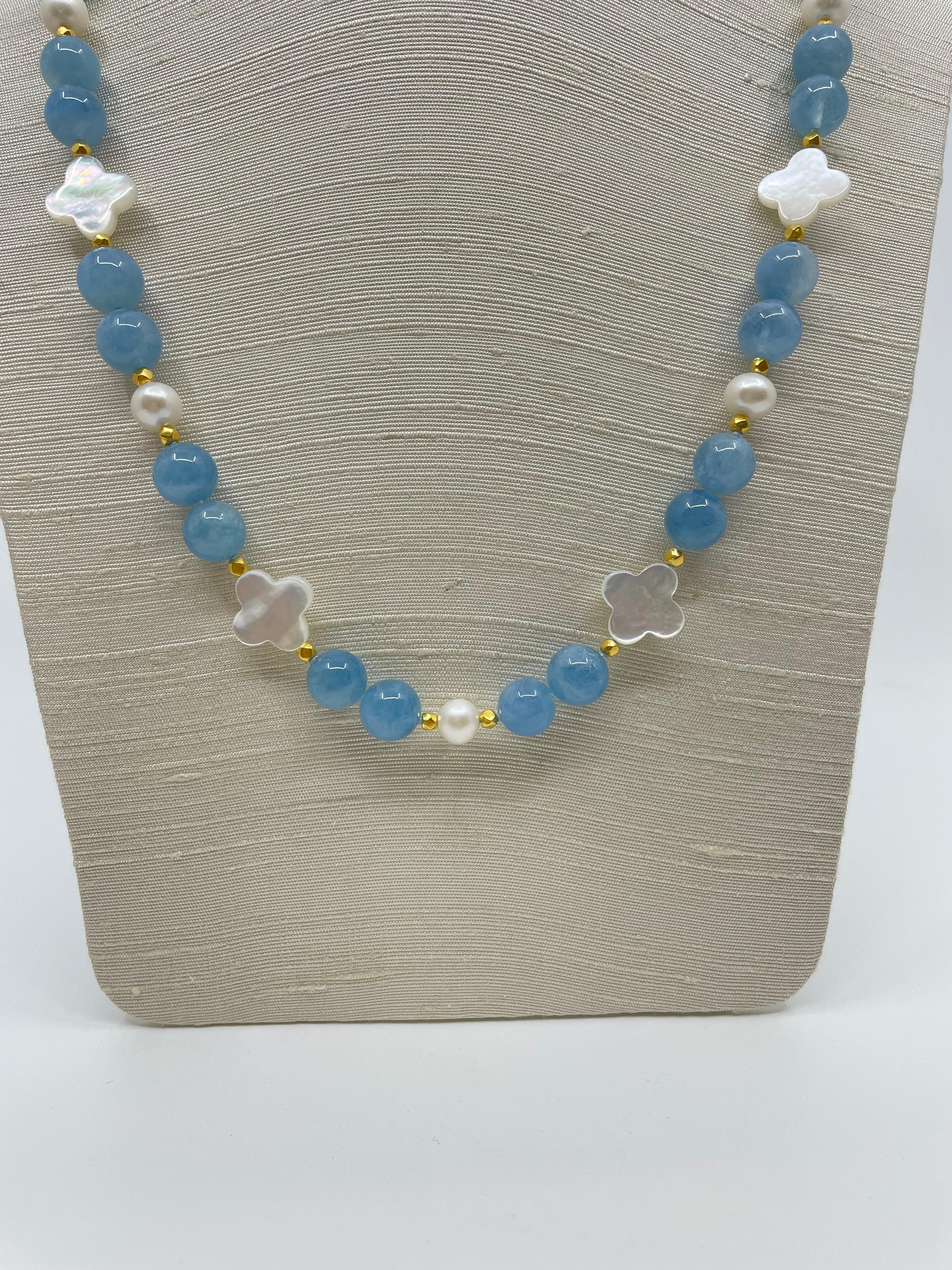 Bead Aquamarine, Mother-of-pearl, Freshwater Pearl a& 18K Gold Necklace For Sale