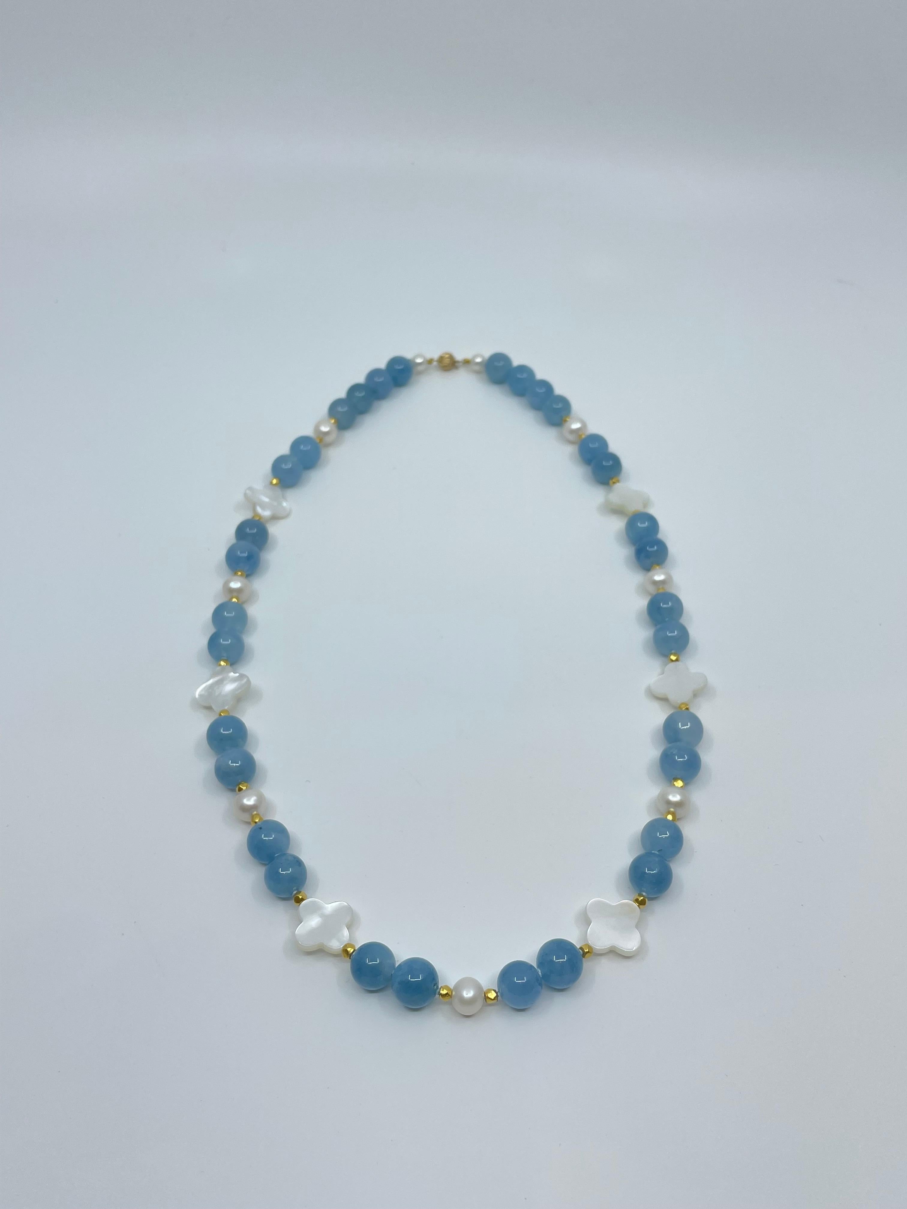 Women's or Men's Aquamarine, Mother-of-pearl, Freshwater Pearl a& 18K Gold Necklace For Sale