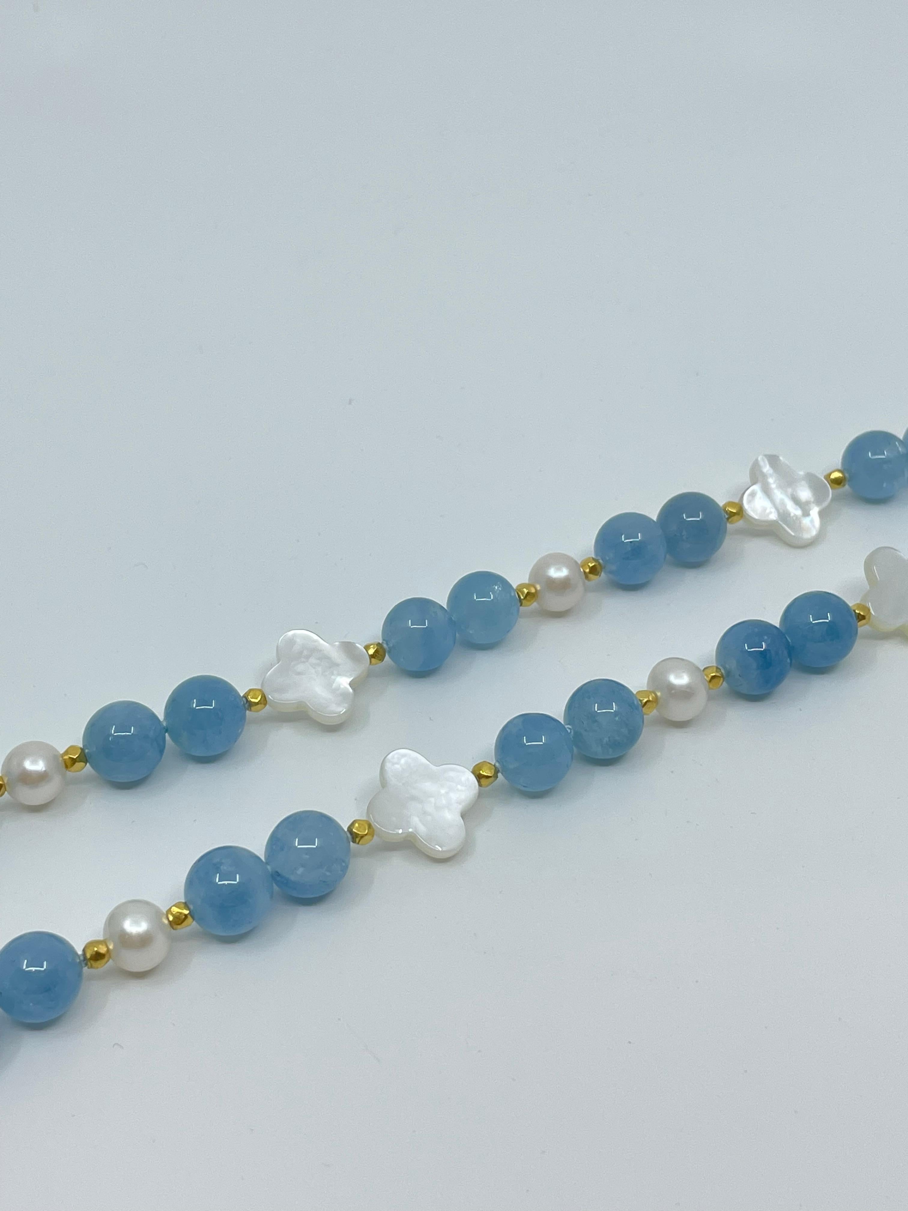 Aquamarine, Mother-of-pearl, Freshwater Pearl a& 18K Gold Necklace For Sale 2