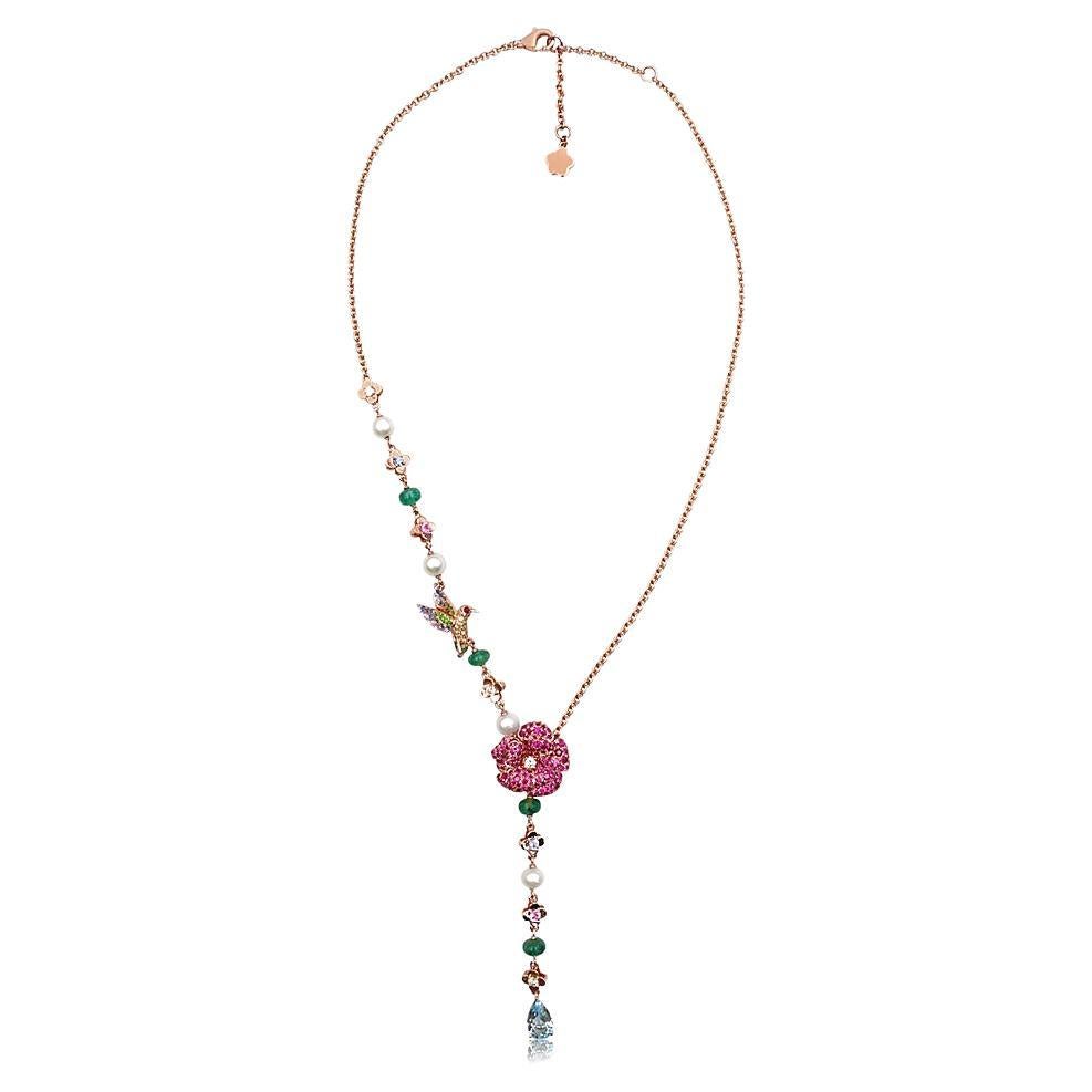 Aquamarin Multi-Color Saphir Perle & Fancy Diamond Floral Gold Halskette im Angebot