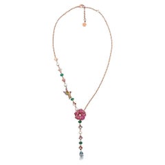 Aquamarine Multi-Color Sapphire Pearl & Fancy Diamond Floral Gold Necklace