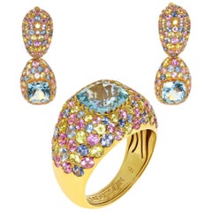 Suite Riviera en or jaune 18 carats avec aigue-marine et saphirs multicolores