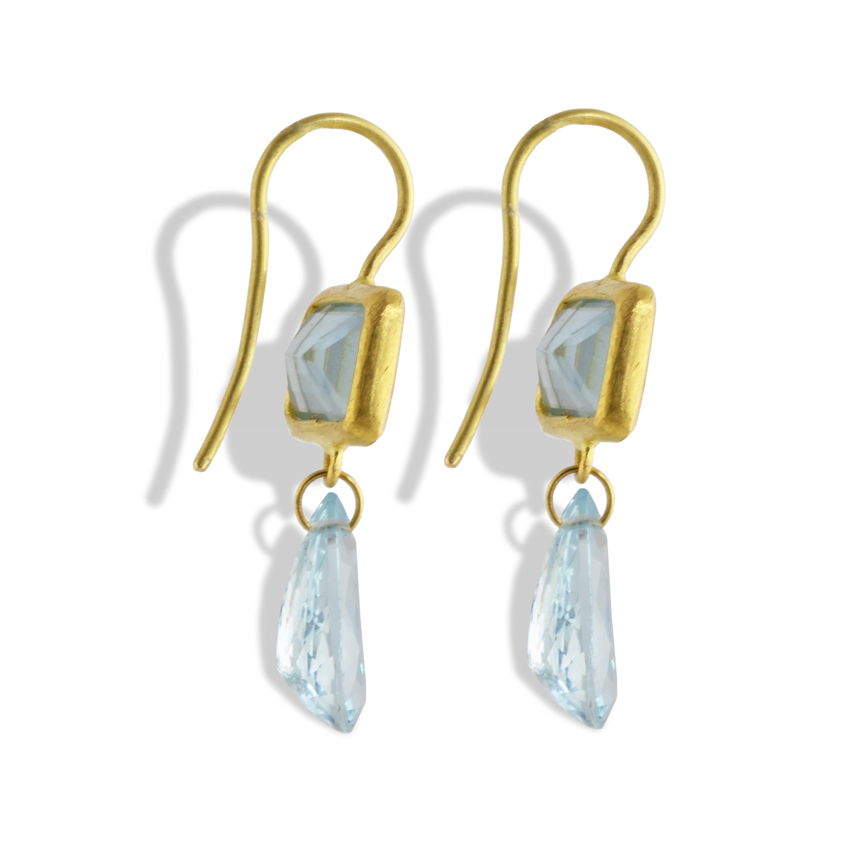Emerald Cut Ico & the Bird Fine Jewelry 9.2 carat Aquamarine  Gold Earrings For Sale